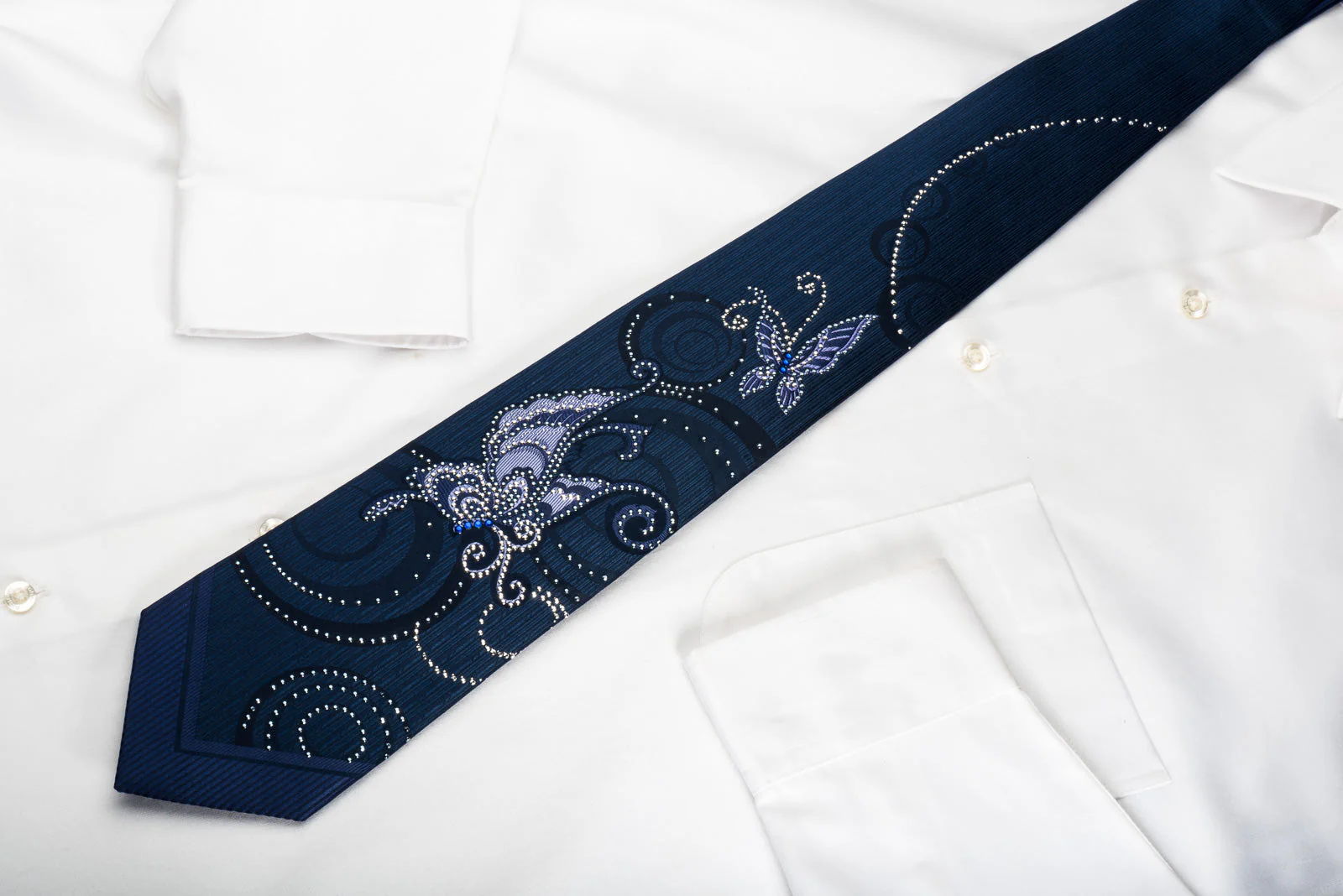 Remizio Silk Tie Rhinestone Butterflies On Blue - Image 6