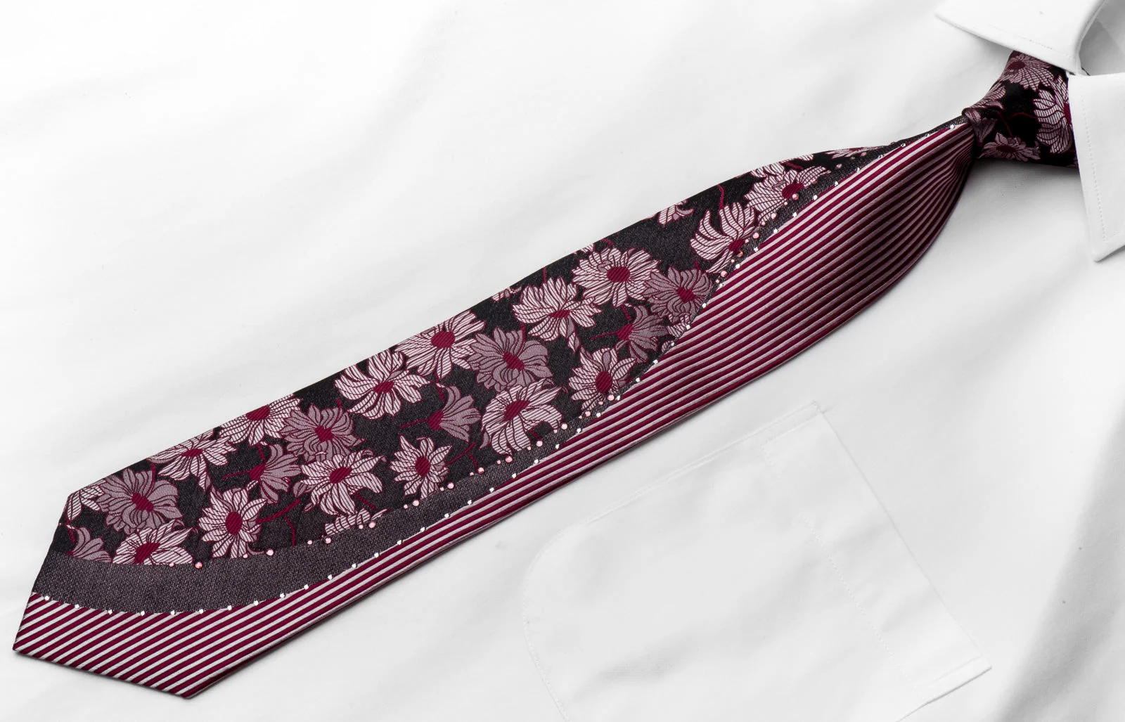 Renoir Men's Crystal Rhinestone Necktie Floral Striped On Burgundy With Silver Sparkles - Image 3
