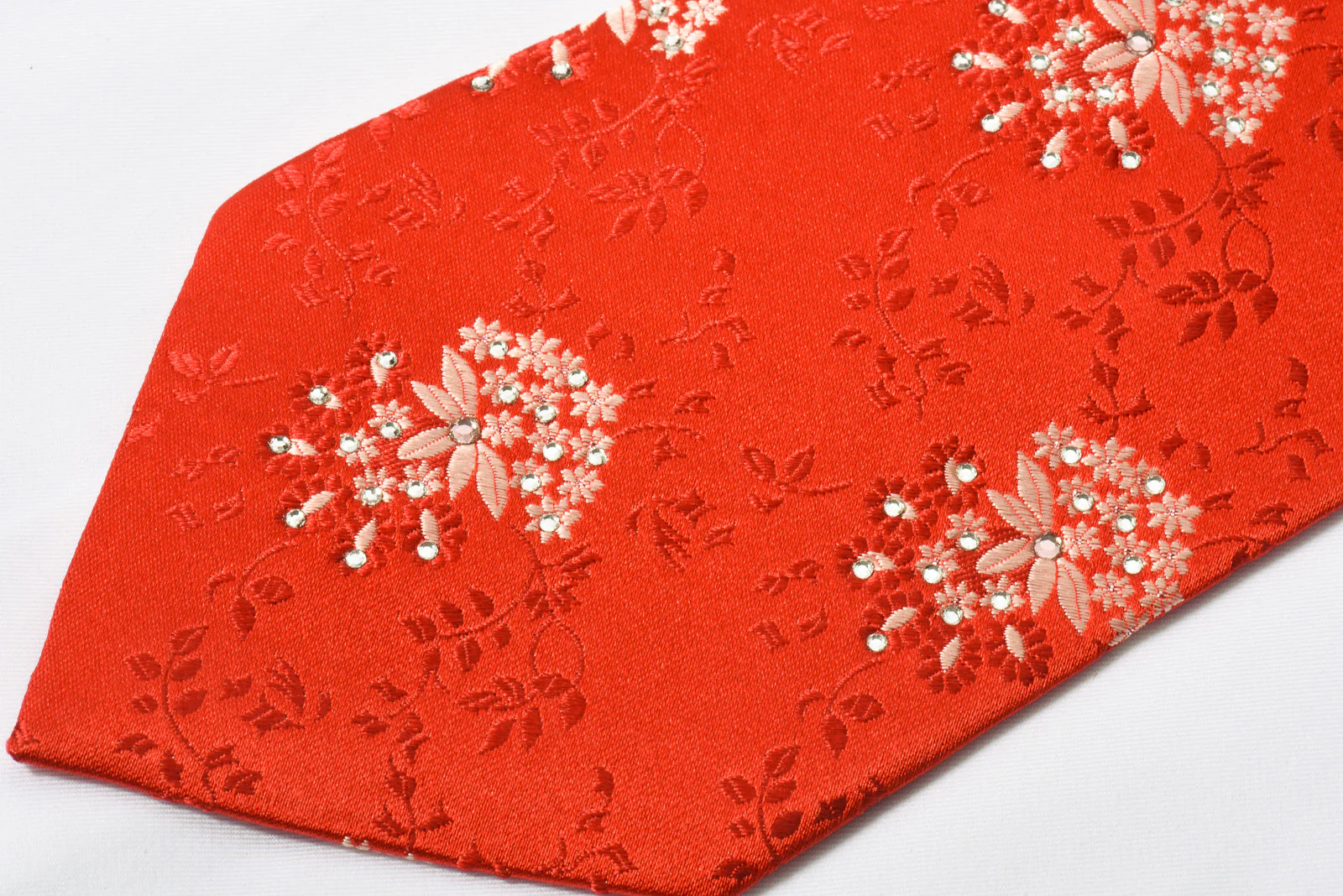 Renoir Rhinestone Silk Necktie Floral On Red With Sparkles - Image 3