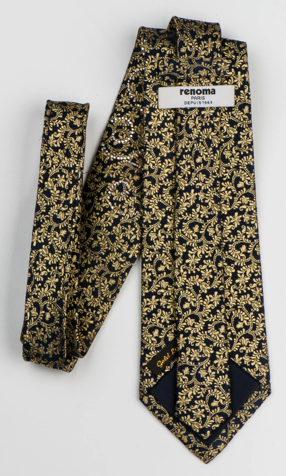 Renoma Silk Neck Tie Golden Vines On Black With Sparkles & Rhinestones - Image 7