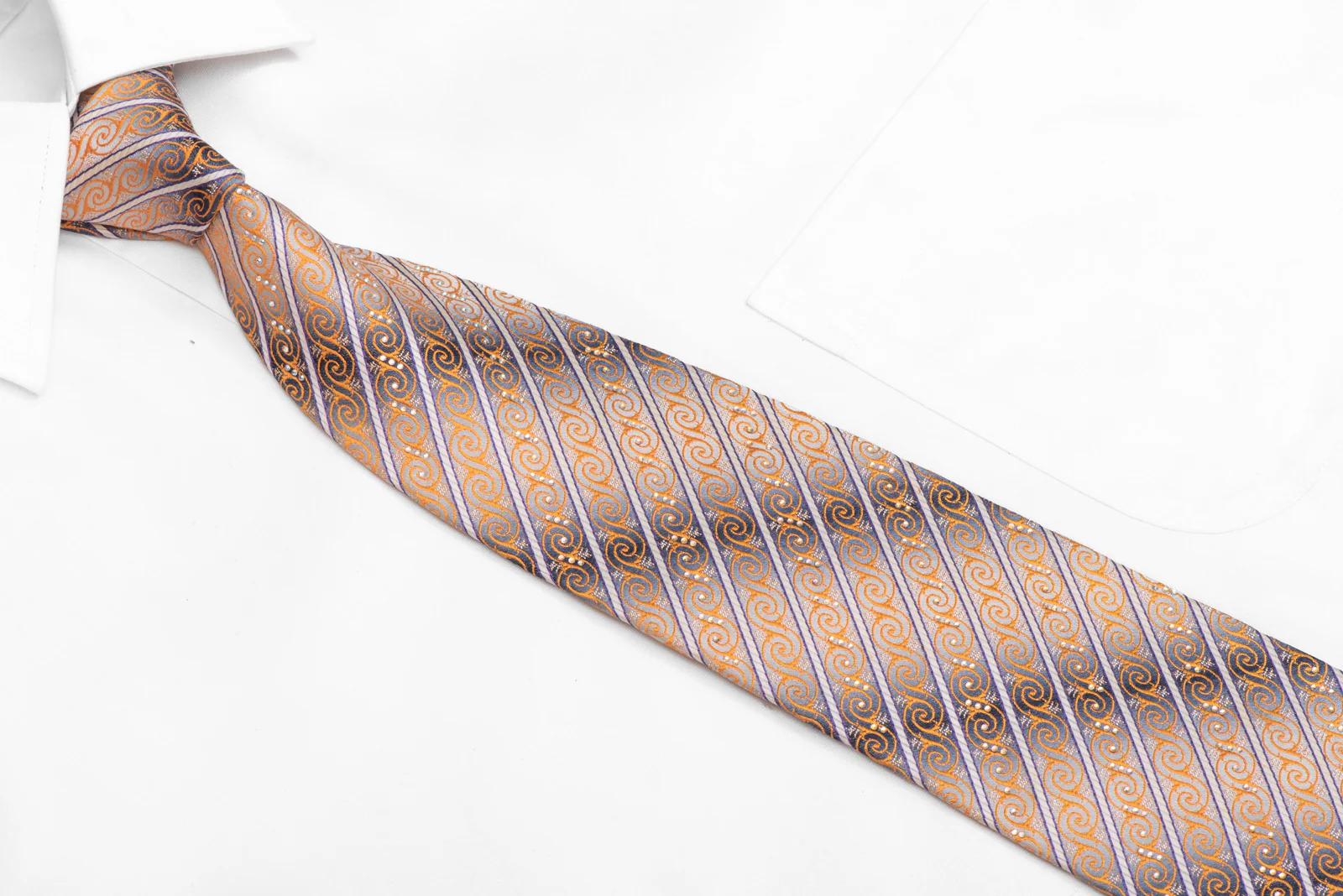 Orange Cartouche Scrolls & Striped On Silver Rhinestone Silk Necktie With Sparkles - Image 2