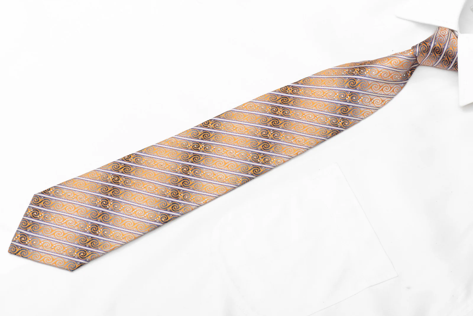 Orange Cartouche Scrolls & Striped On Silver Rhinestone Silk Necktie With Sparkles - Image 3