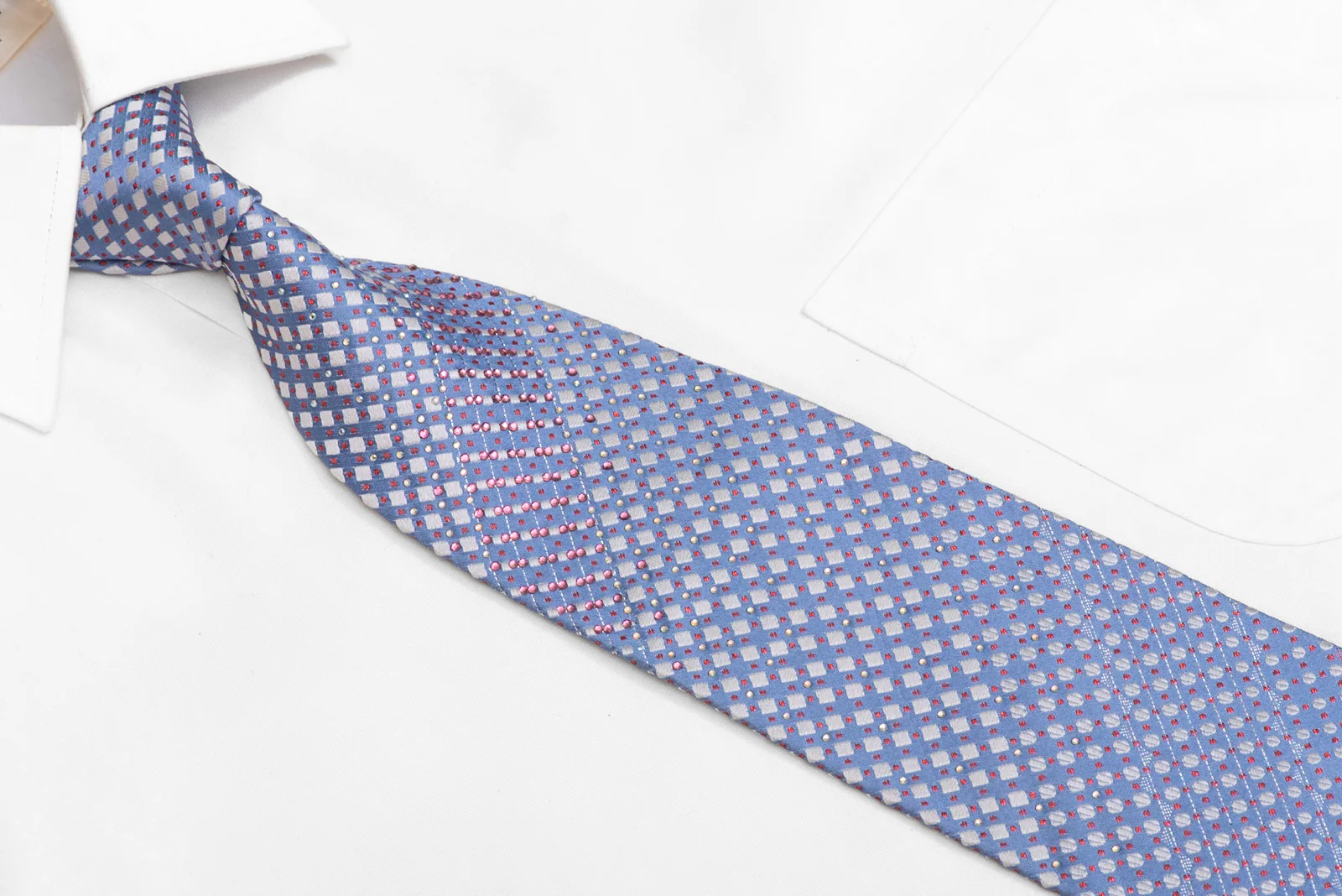 Blue Silver Geometric Rhinestone Silk Necktie With Red Sparkles - Image 3