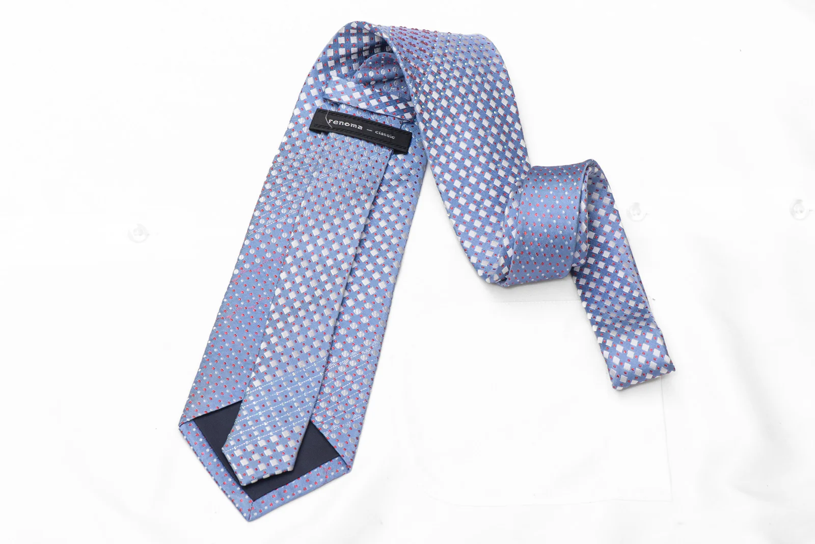 Blue Silver Geometric Rhinestone Silk Necktie With Red Sparkles - Image 4