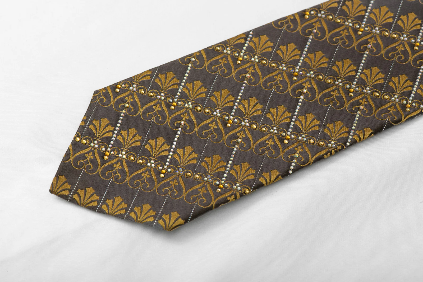 Gold Anthemion On Brown Rhinestone Silk Necktie With Silver Sparkles - Image 4
