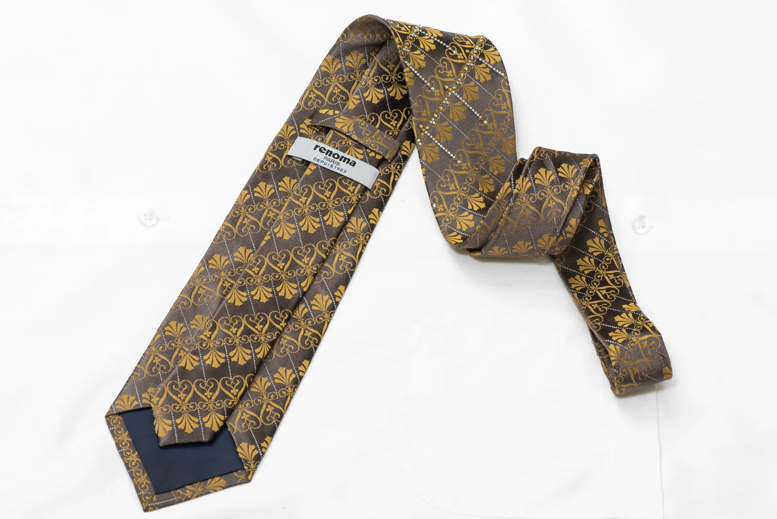 Gold Anthemion On Brown Rhinestone Silk Necktie With Silver Sparkles - Image 5