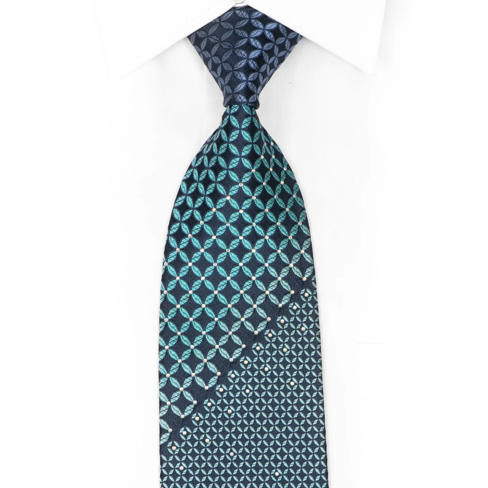 Teal Geometric On Navy Blue Rhinestone Tie - Image 2