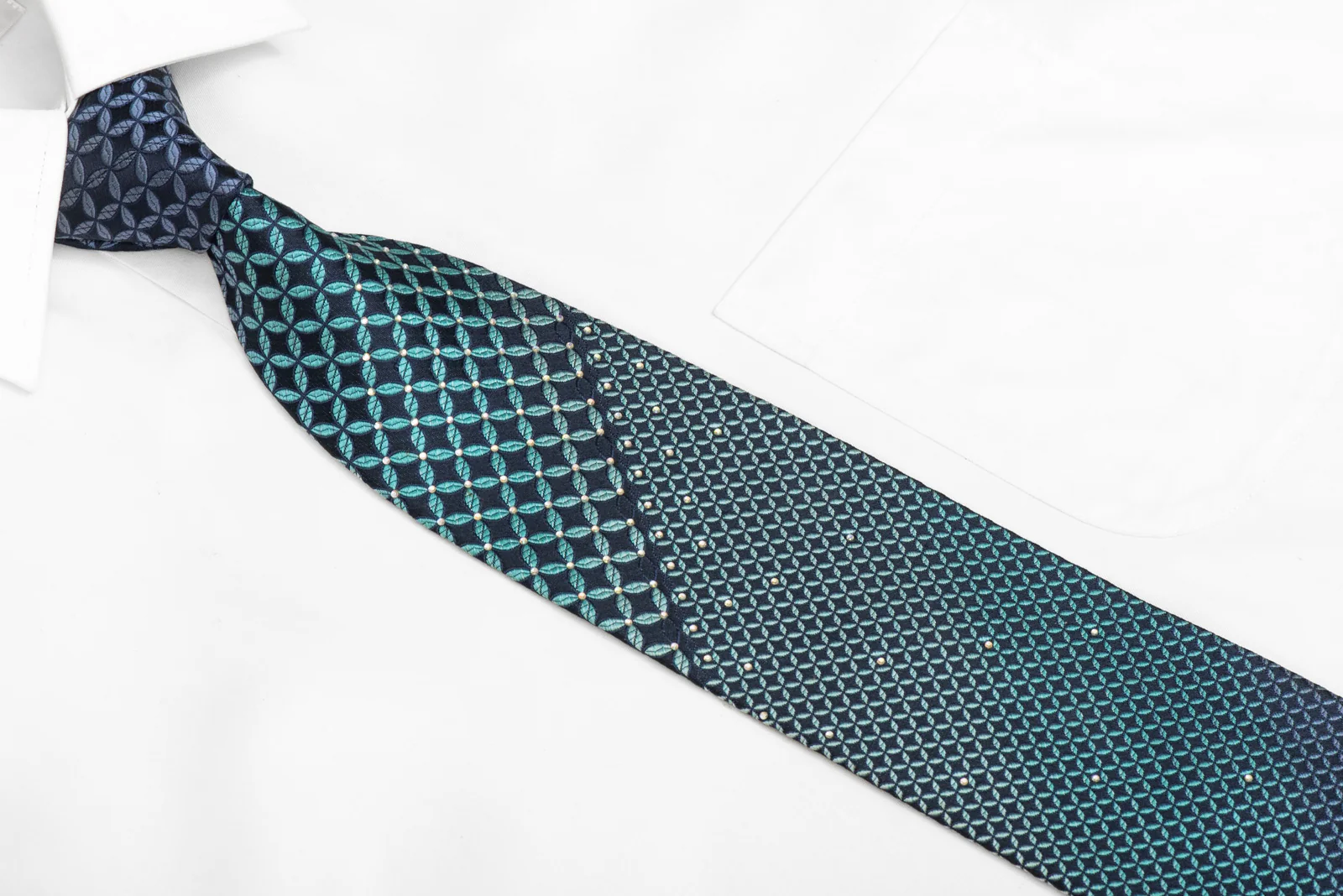 Teal Geometric On Navy Blue Rhinestone Tie - Image 3
