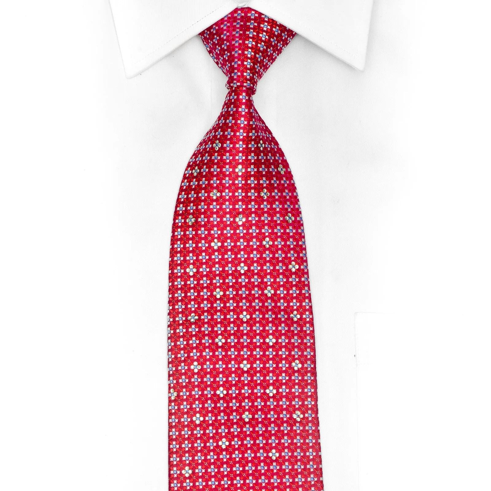 Silver Blue Geometric On Red Rhinestone Silk Tie With Sparkles