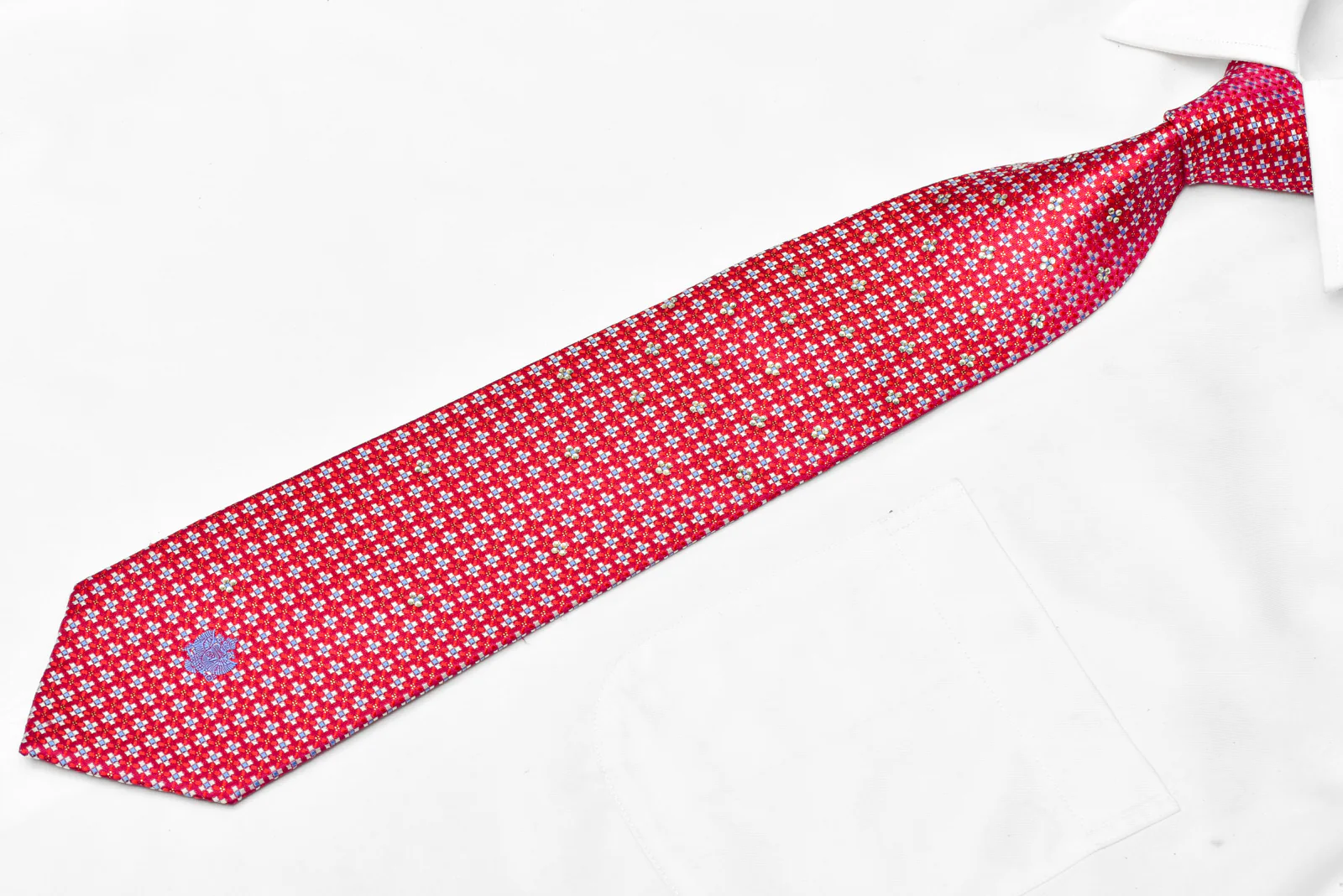 Silver Blue Geometric On Red Rhinestone Silk Tie With Sparkles - Image 2