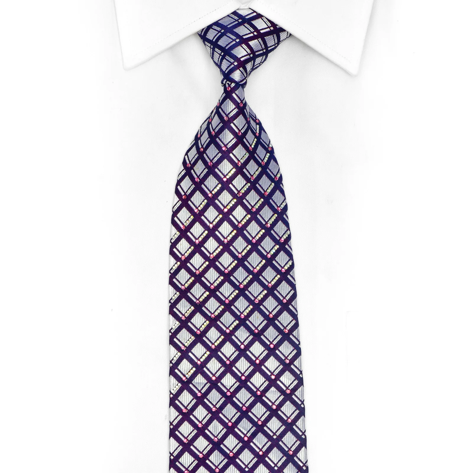 Silver Geometric On Navy Red Rhinestone Necktie With Sparkles