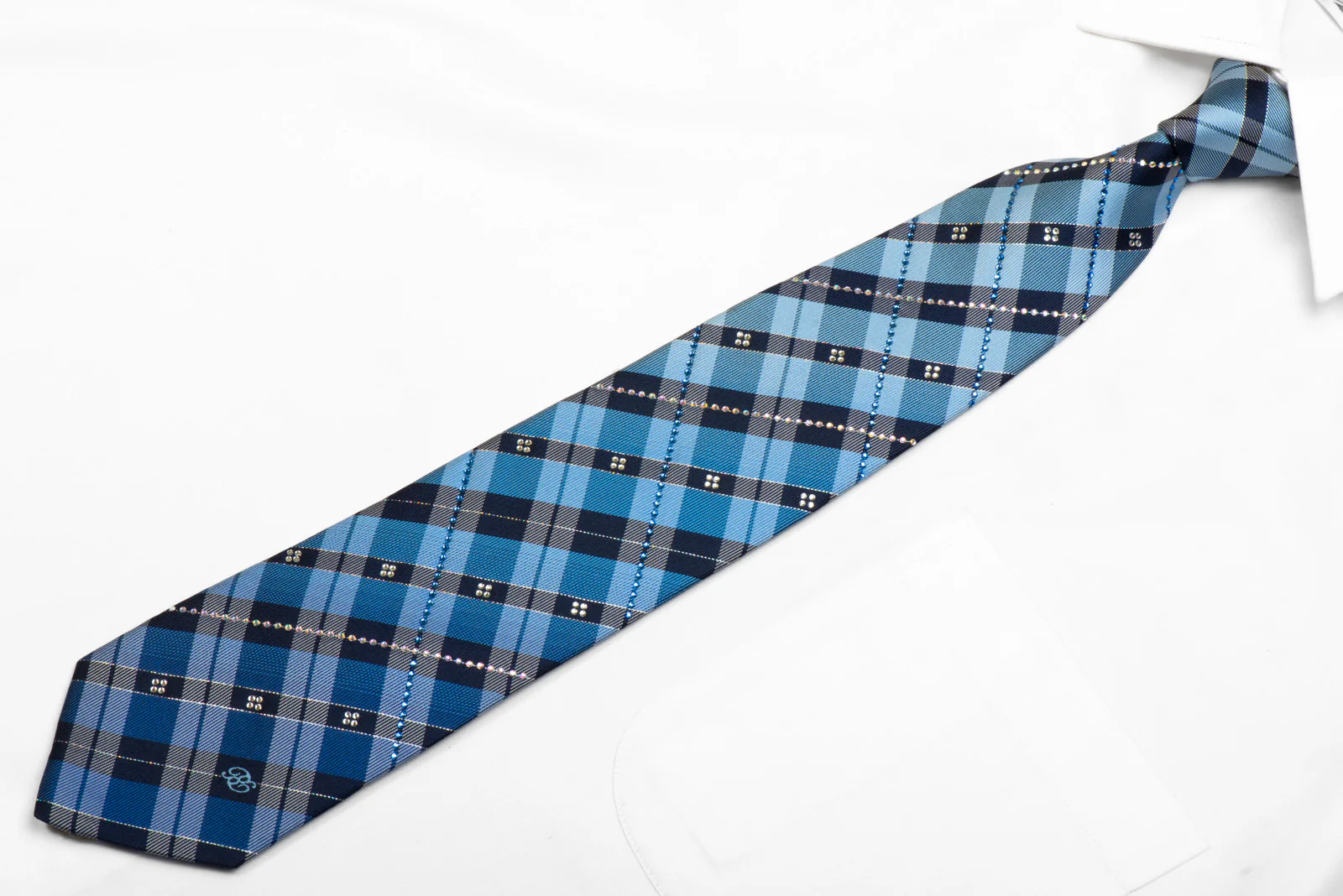 Renoma Blue Plaid Rhinestone Silk Tie With Silver Sparkles - Image 3