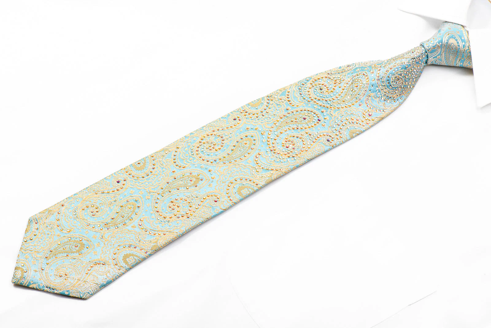 Renoma Crystal Rhinestone Silk Necktie Gold Paisley On Pale Blue With Sparkles - Image 3