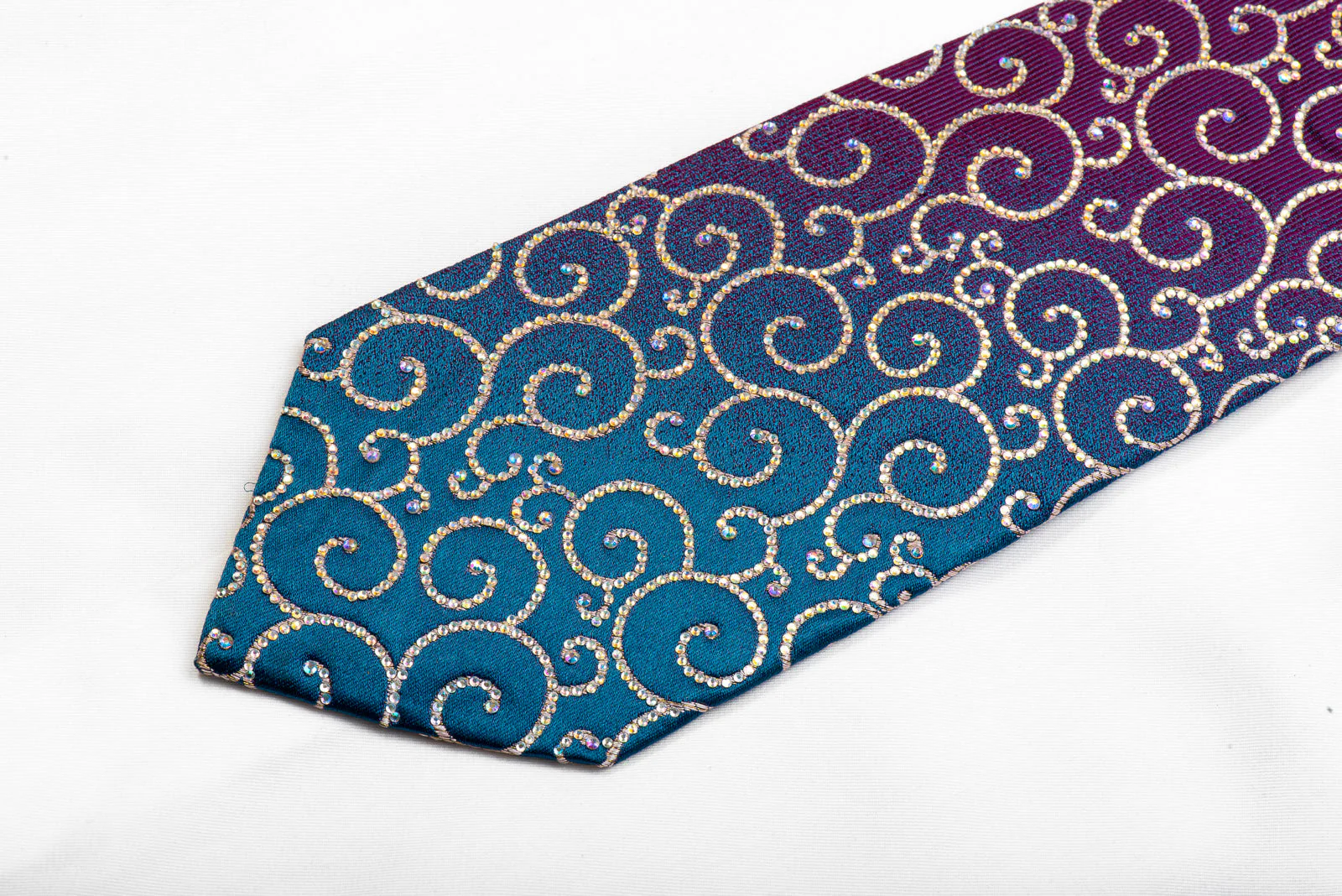 Renoma Crystal Rhinestone Silk Necktie Scrolls On Purple Teal With Sparkles - Image 3