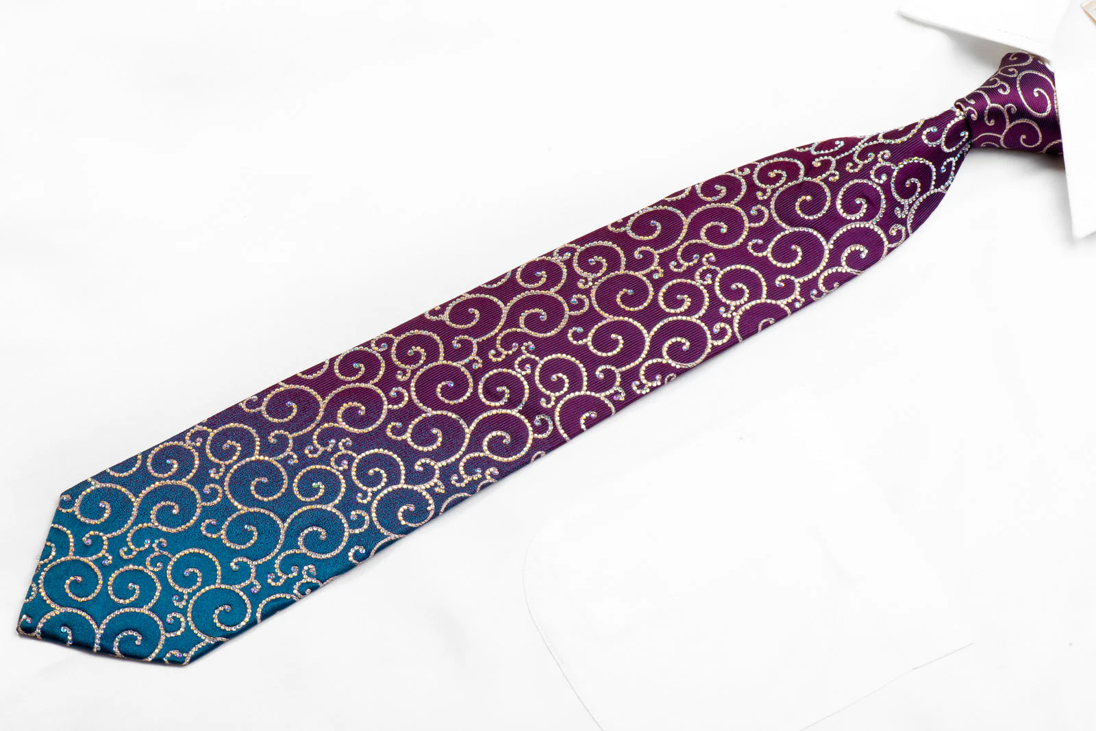Renoma Crystal Rhinestone Silk Necktie Scrolls On Purple Teal With Sparkles - Image 4