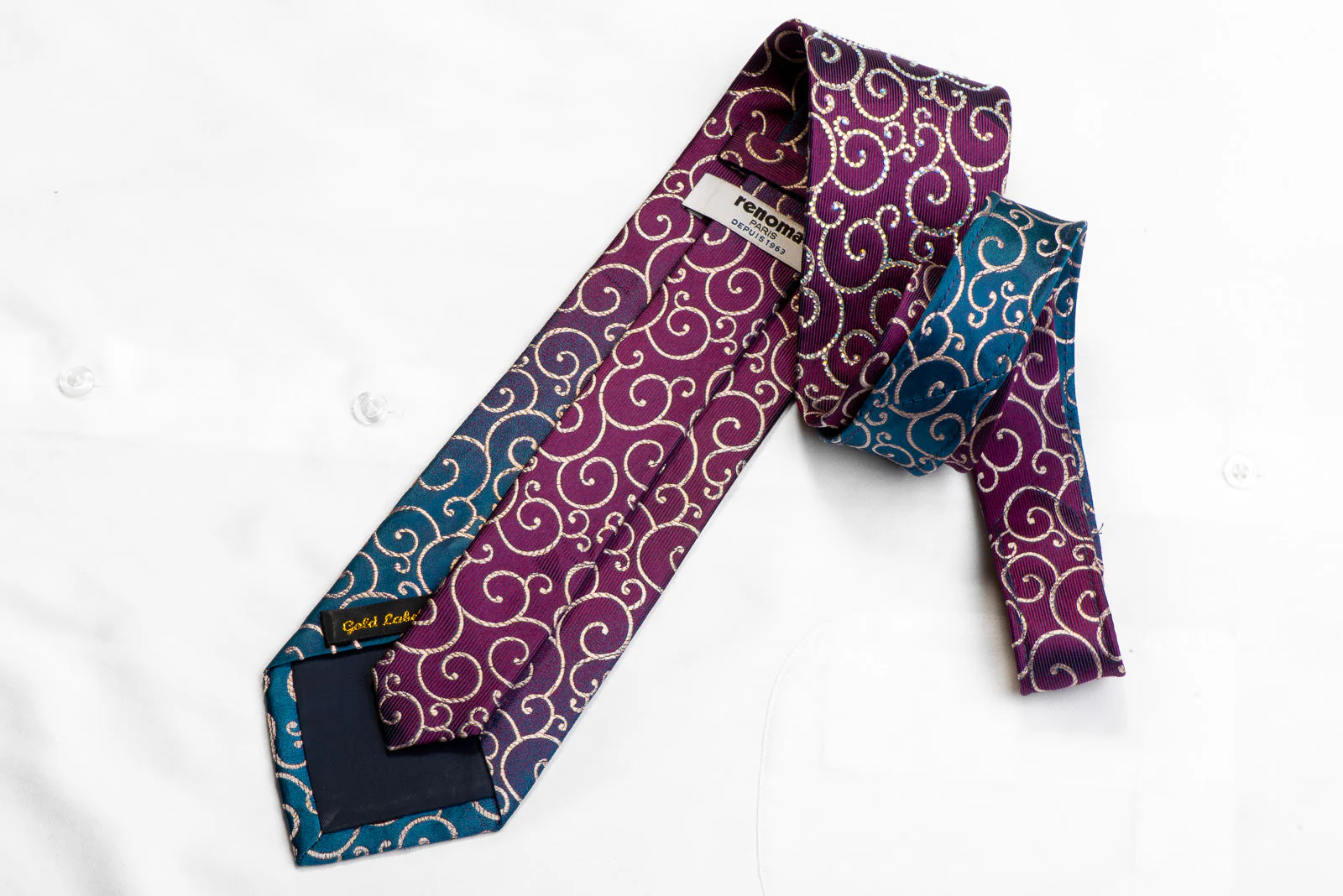 Renoma Crystal Rhinestone Silk Necktie Scrolls On Purple Teal With Sparkles - Image 5