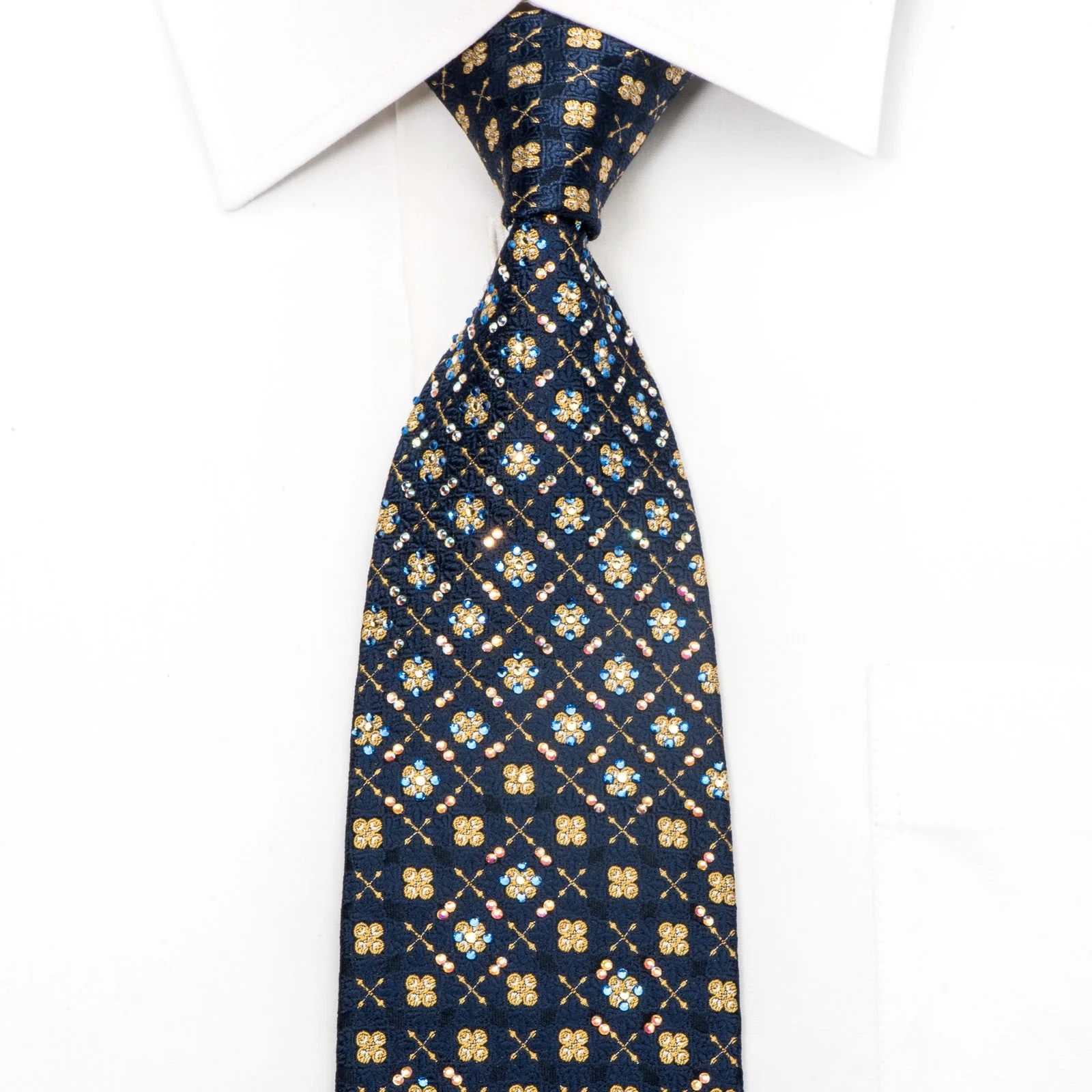 Renoma Gold Label Men's Rhinestone Silk Necktie Golden Foulard On Blue With Sparkles