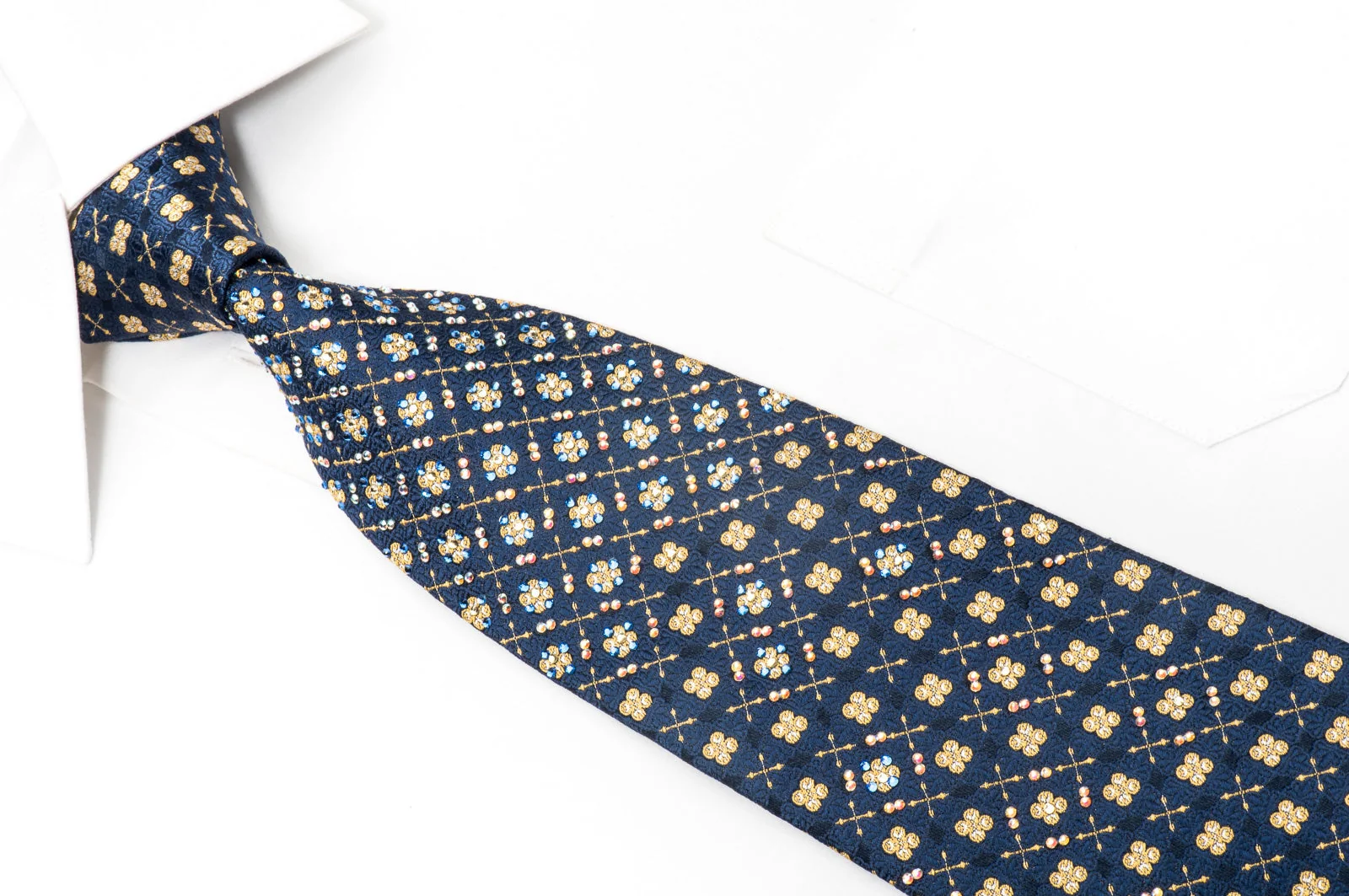 Renoma Gold Label Men's Rhinestone Silk Necktie Golden Foulard On Blue With Sparkles - Image 2