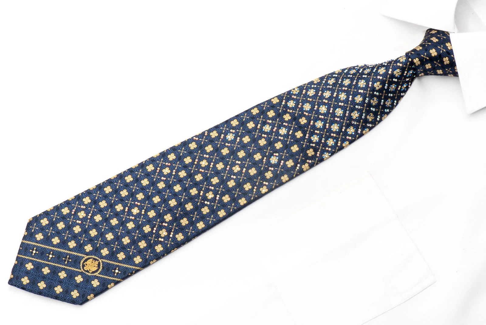 Renoma Gold Label Men's Rhinestone Silk Necktie Golden Foulard On Blue With Sparkles - Image 3