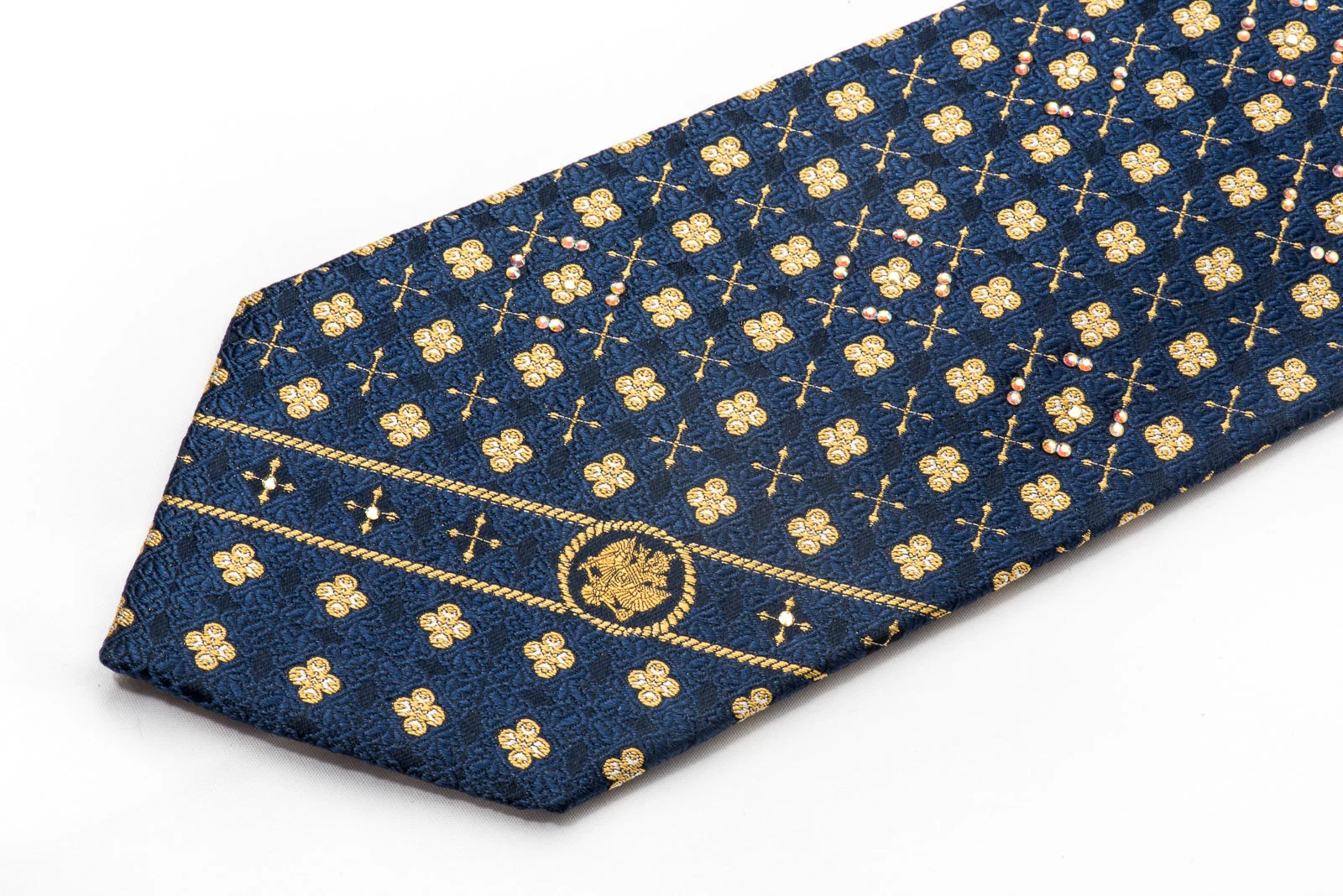 Renoma Gold Label Men's Rhinestone Silk Necktie Golden Foulard On Blue With Sparkles - Image 5