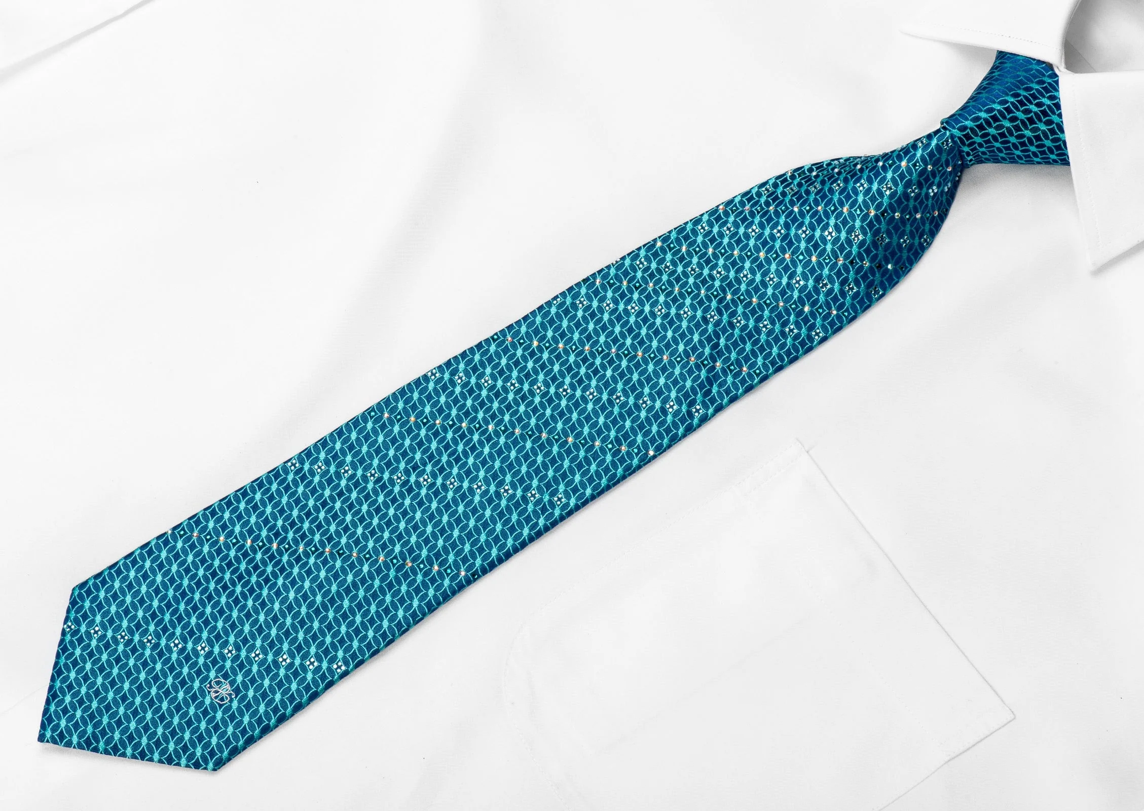 Renoma Men's Crystal Necktie Interlocking Circles On Blue Silk Sparkling With Rhinestones - Image 2