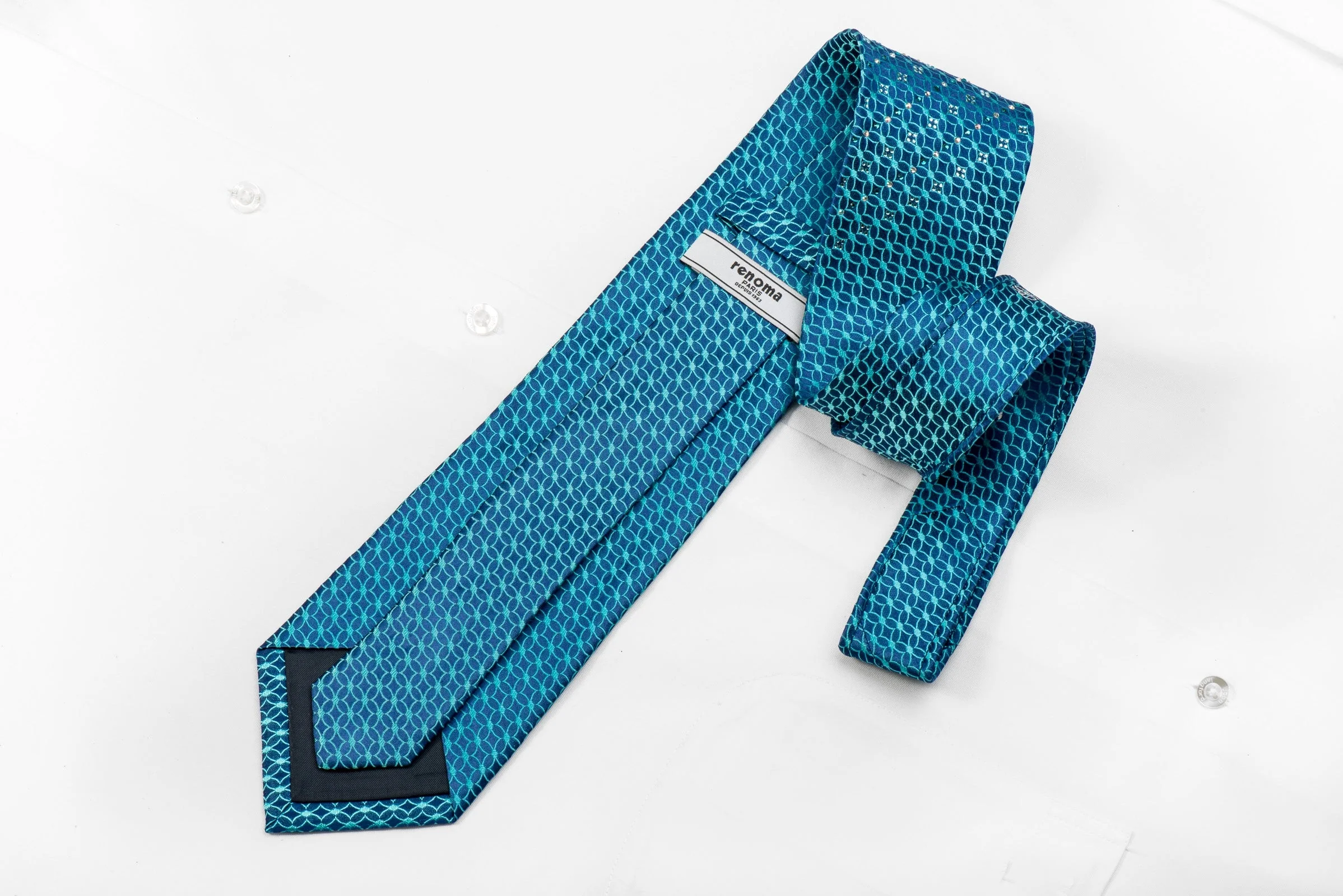 Renoma Men's Crystal Necktie Interlocking Circles On Blue Silk Sparkling With Rhinestones - Image 3