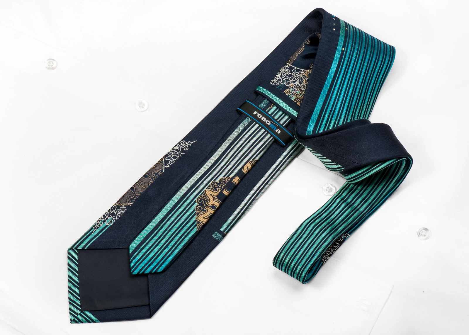 Renoma Men's Crystal Necktie Turquoise Vertical Stripes & Medallions On Navy Silk With Sparkles - Image 4