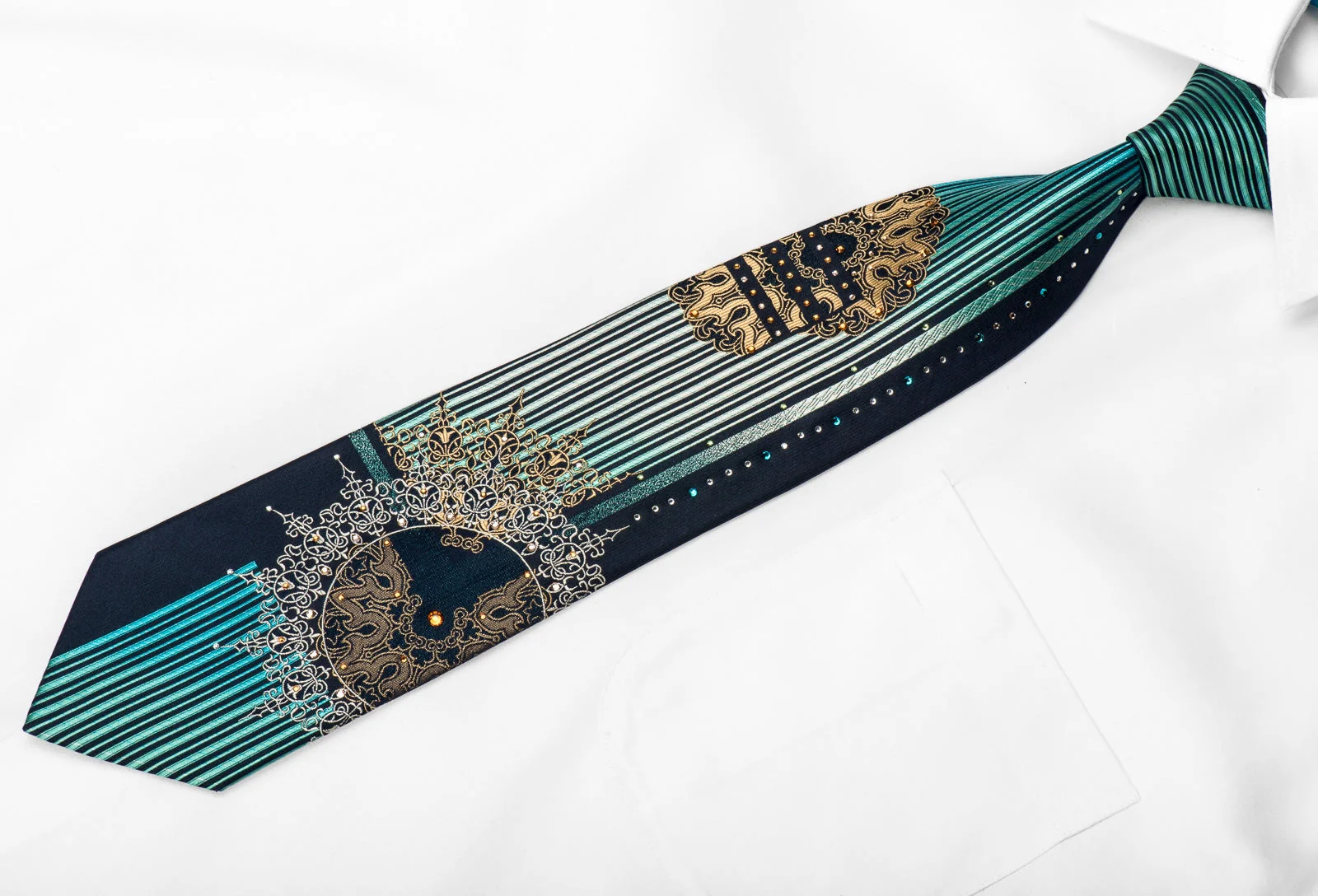Renoma Men's Crystal Necktie Turquoise Vertical Stripes & Medallions On Navy Silk With Sparkles - Image 5