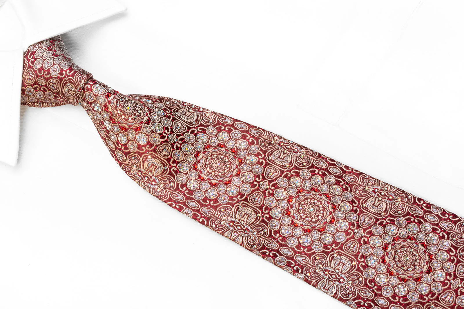 Renoma Men's Crystal Rhinestone Necktie Silver Arabesque On Burgundy With Silver Sparkles - Image 2