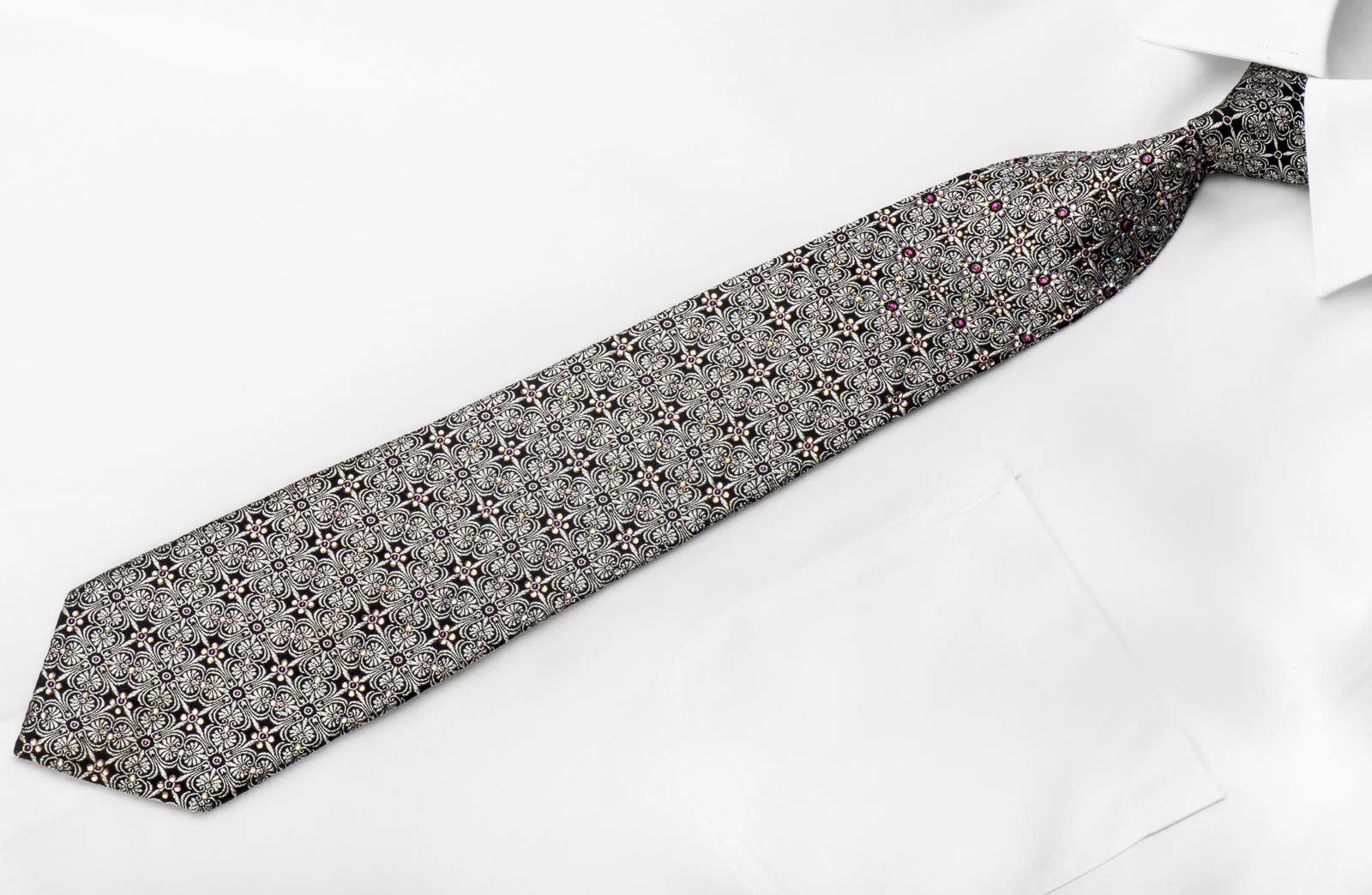 Renoma Men's Crystal Rhinestone Necktie Silver Cartouche On Black Silk With Silver Sparkles - Image 3