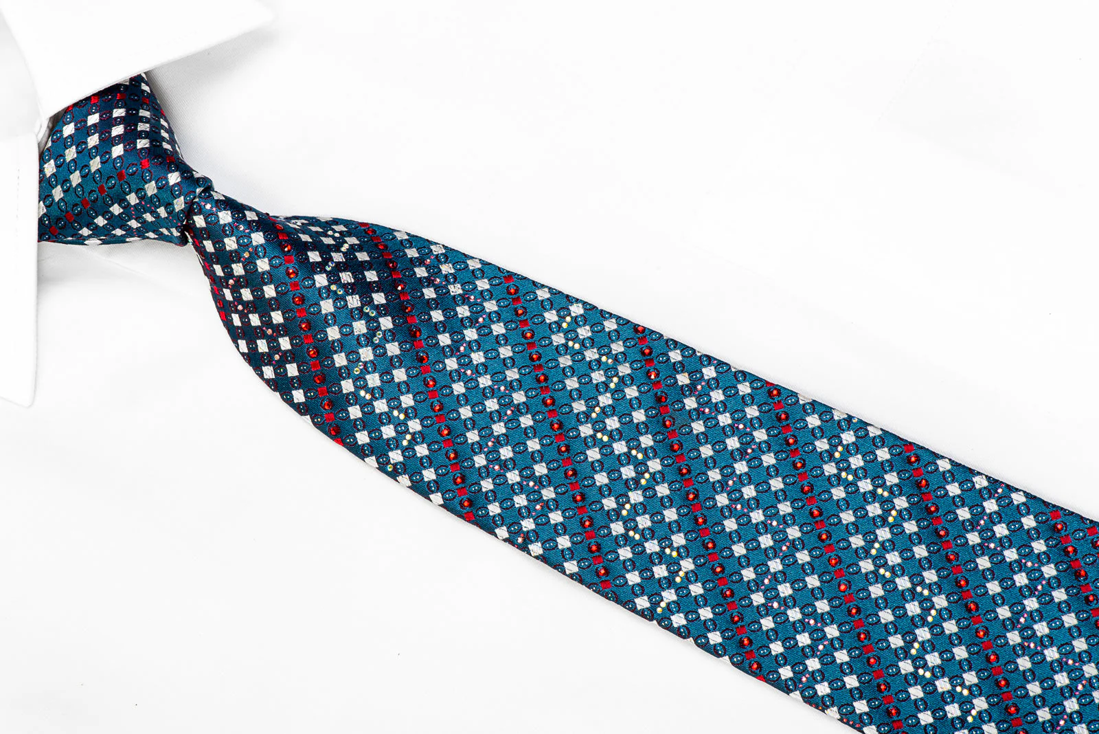 Renoma Men's Crystal Rhinestone Necktie Silver Red Geometric Checker On Teal With Sparkles - Image 2