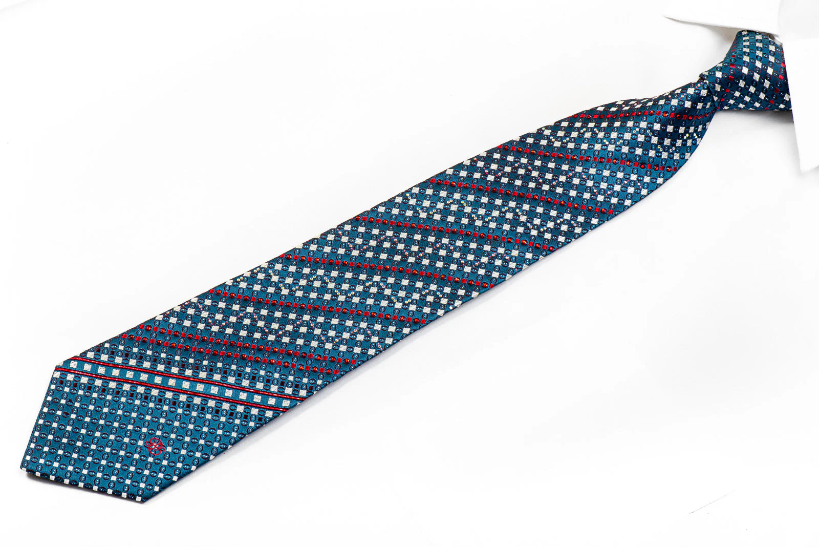 Renoma Men's Crystal Rhinestone Necktie Silver Red Geometric Checker On Teal With Sparkles - Image 3