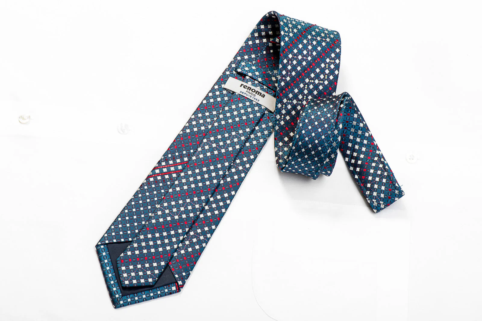 Renoma Men's Crystal Rhinestone Necktie Silver Red Geometric Checker On Teal With Sparkles - Image 4