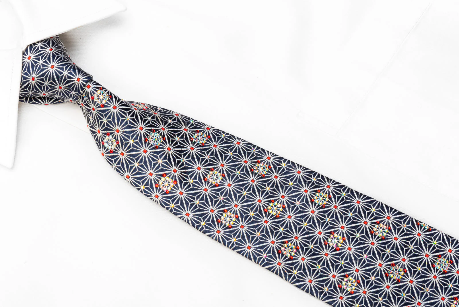 Renoma Men's Crystal Rhinestone Necktie Silver Trellis On Navy With Silver Sparkles - Image 2
