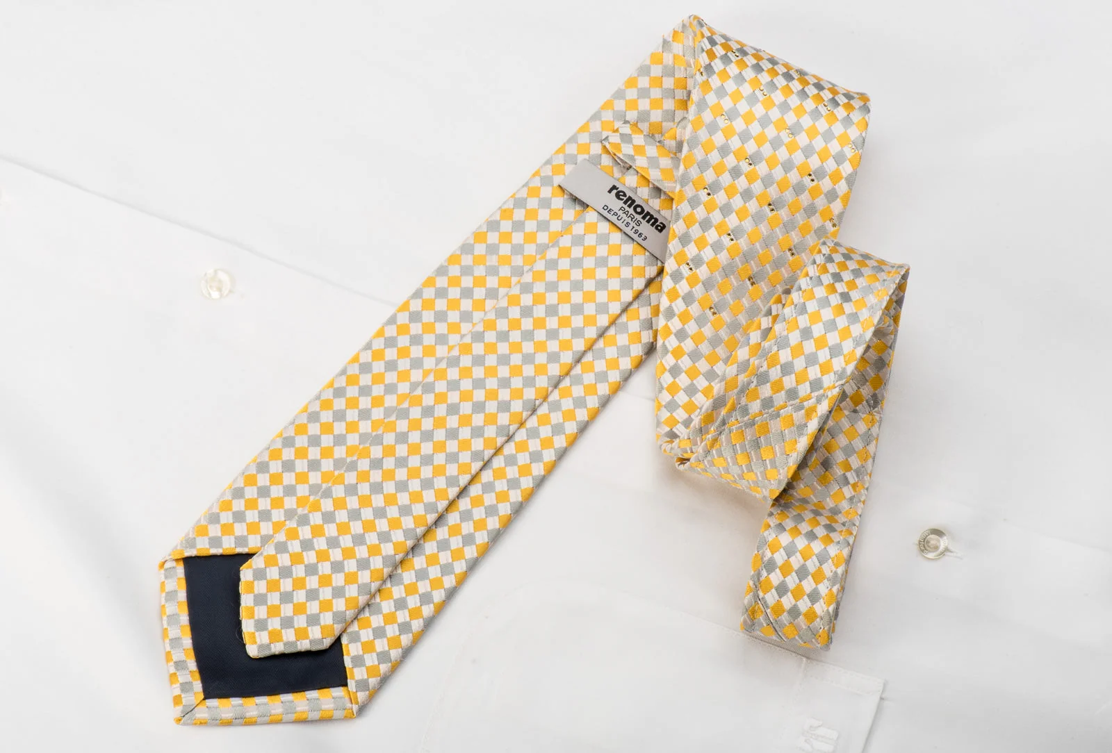 Renoma Men's Crystal Rhinestone Necktie Yellow Silver Checker Design With Sparkles - Image 4