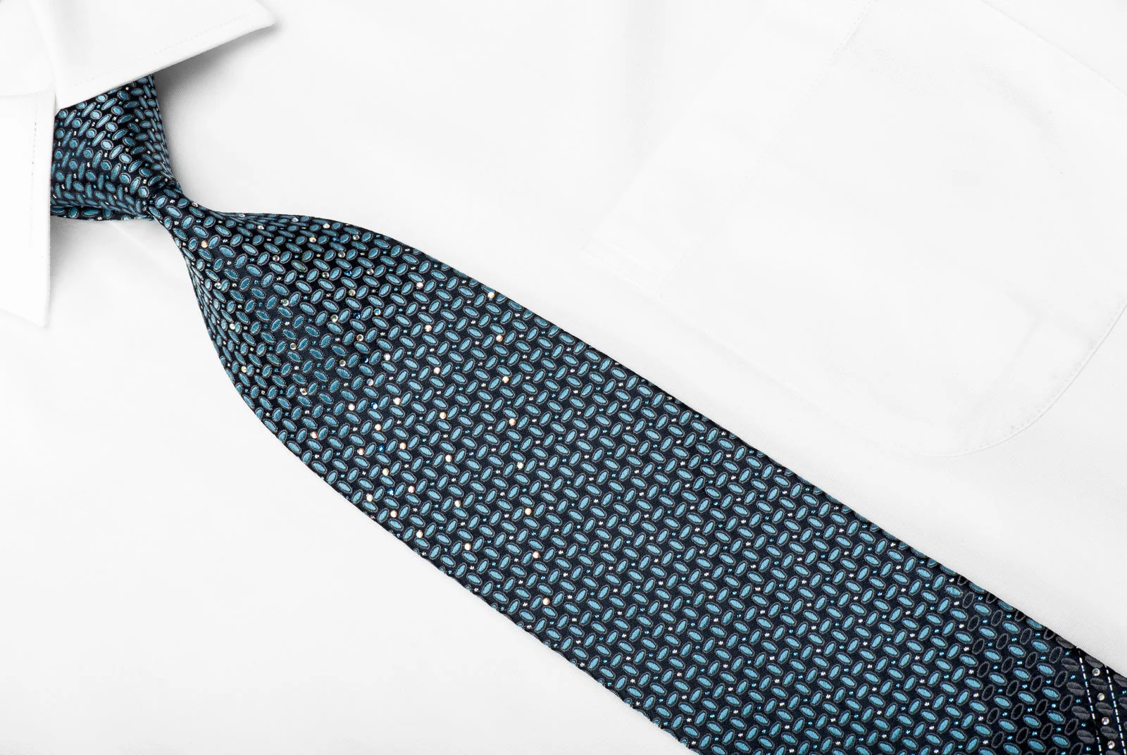 Renoma Men's Crystal Rhinestone Silk Necktie Geometric On Blue With Sparkles - Image 2