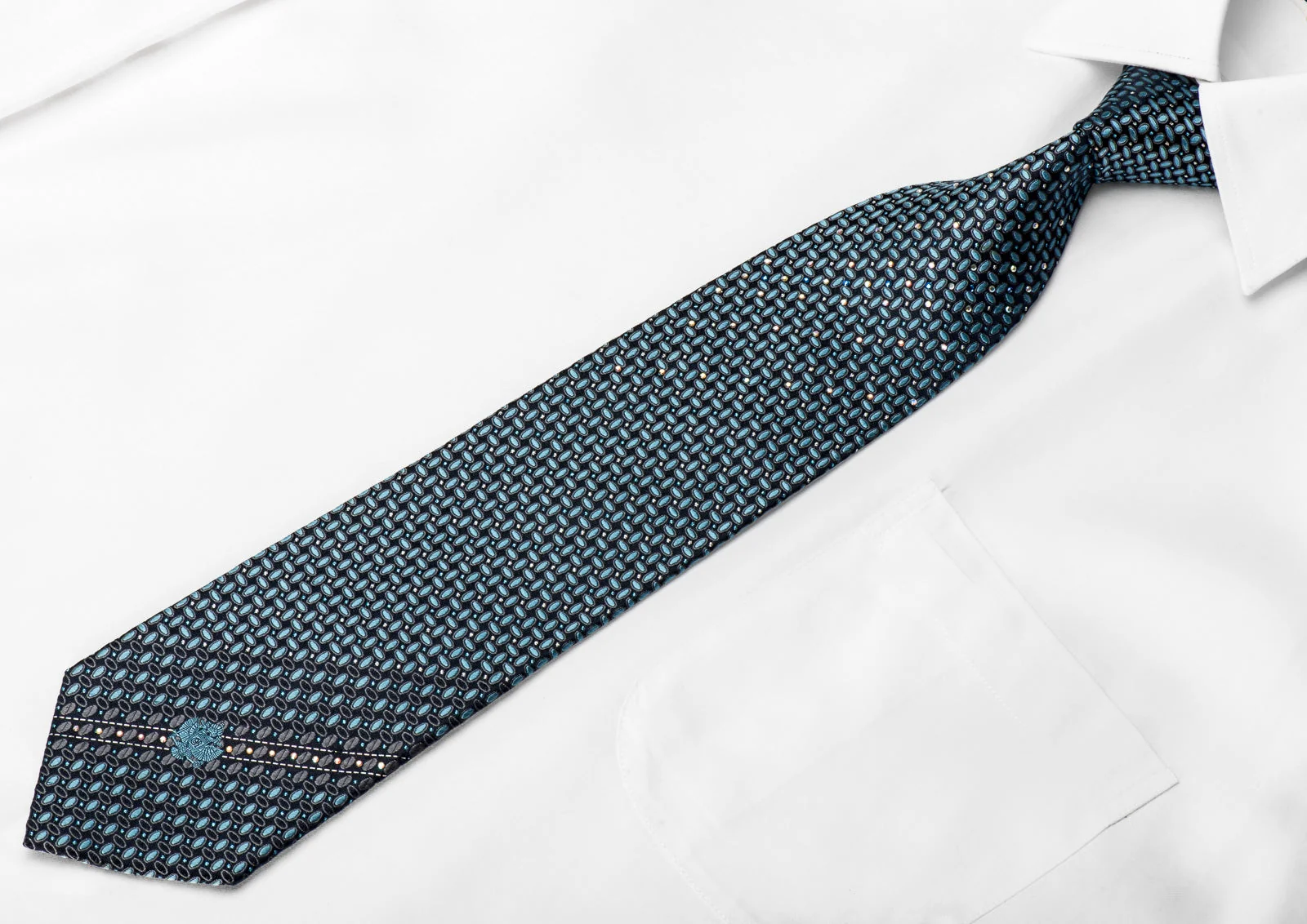 Renoma Men's Crystal Rhinestone Silk Necktie Geometric On Blue With Sparkles - Image 3