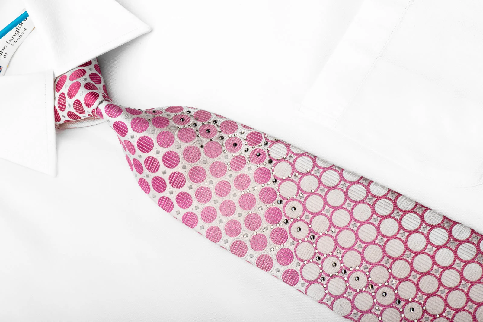 Renoma Men's Crystal Rhinestone Silk Necktie Pink Circles On White With Silver Sparkles - Image 2