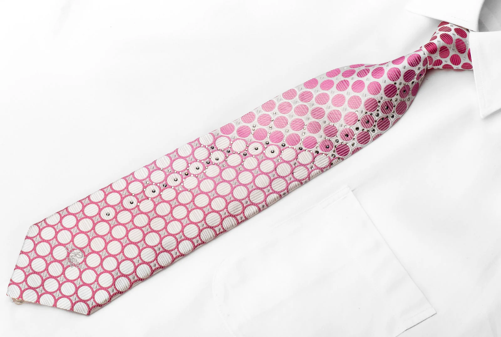 Renoma Men's Crystal Rhinestone Silk Necktie Pink Circles On White With Silver Sparkles - Image 3