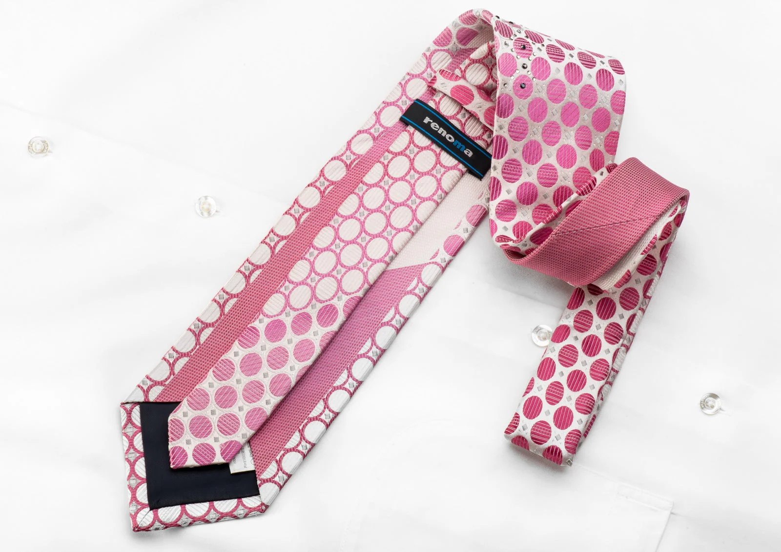 Renoma Men's Crystal Rhinestone Silk Necktie Pink Circles On White With Silver Sparkles - Image 4