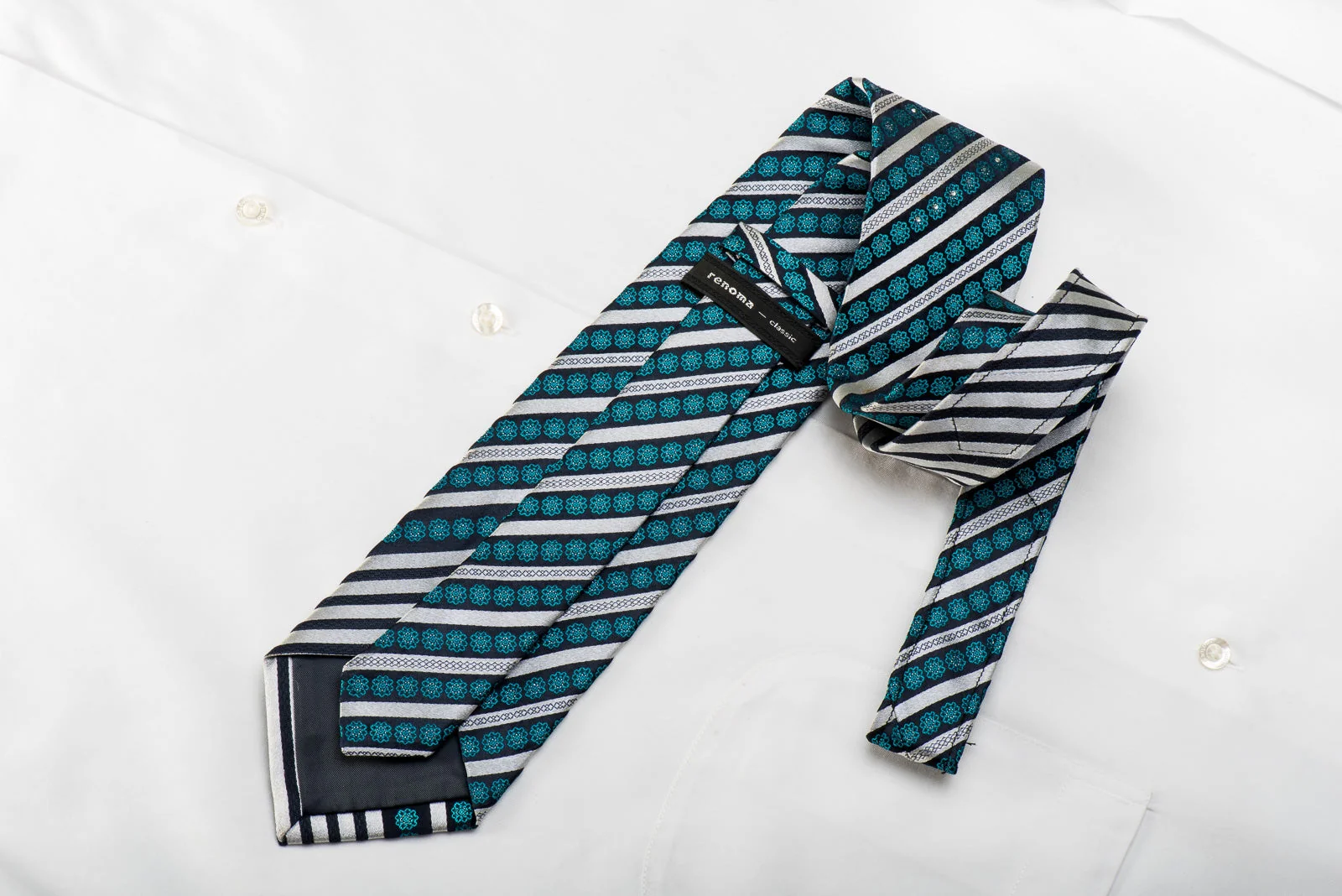 Renoma Men's Crystal Rhinestone Silk Necktie Silver Blue Striped With Silver Sparkles - Image 5