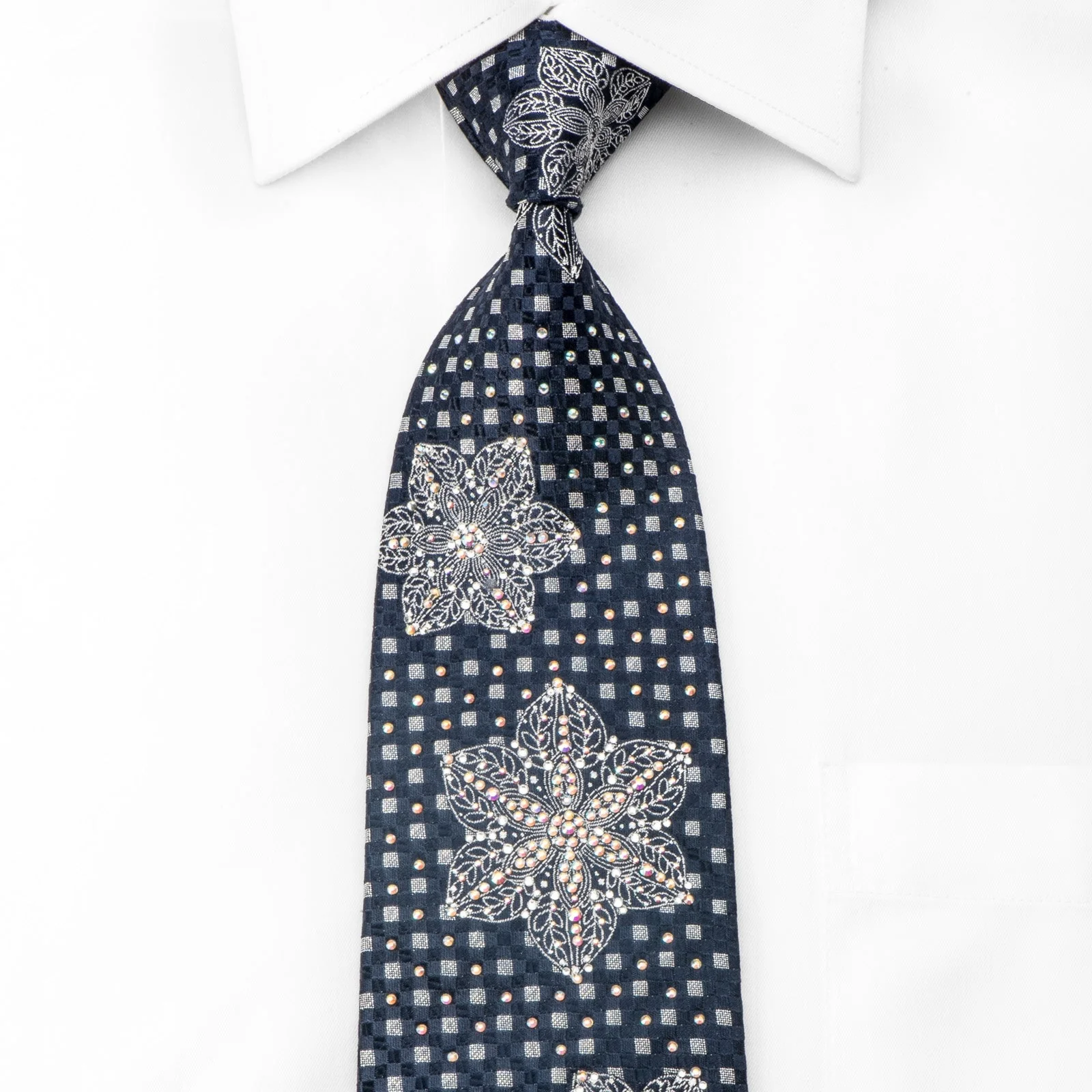 Renoma Men's Crystal Rhinestone Silk Necktie Silver Geometric Floral On Navy With Silver Sparkles