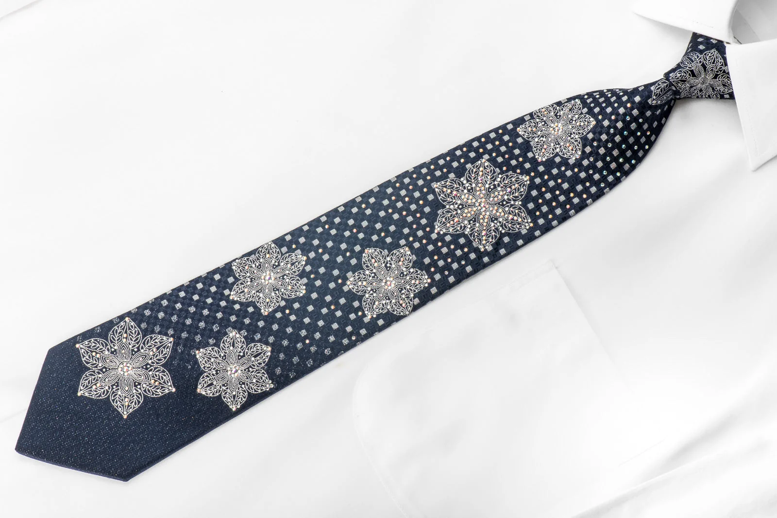 Renoma Men's Crystal Rhinestone Silk Necktie Silver Geometric Floral On Navy With Silver Sparkles - Image 2