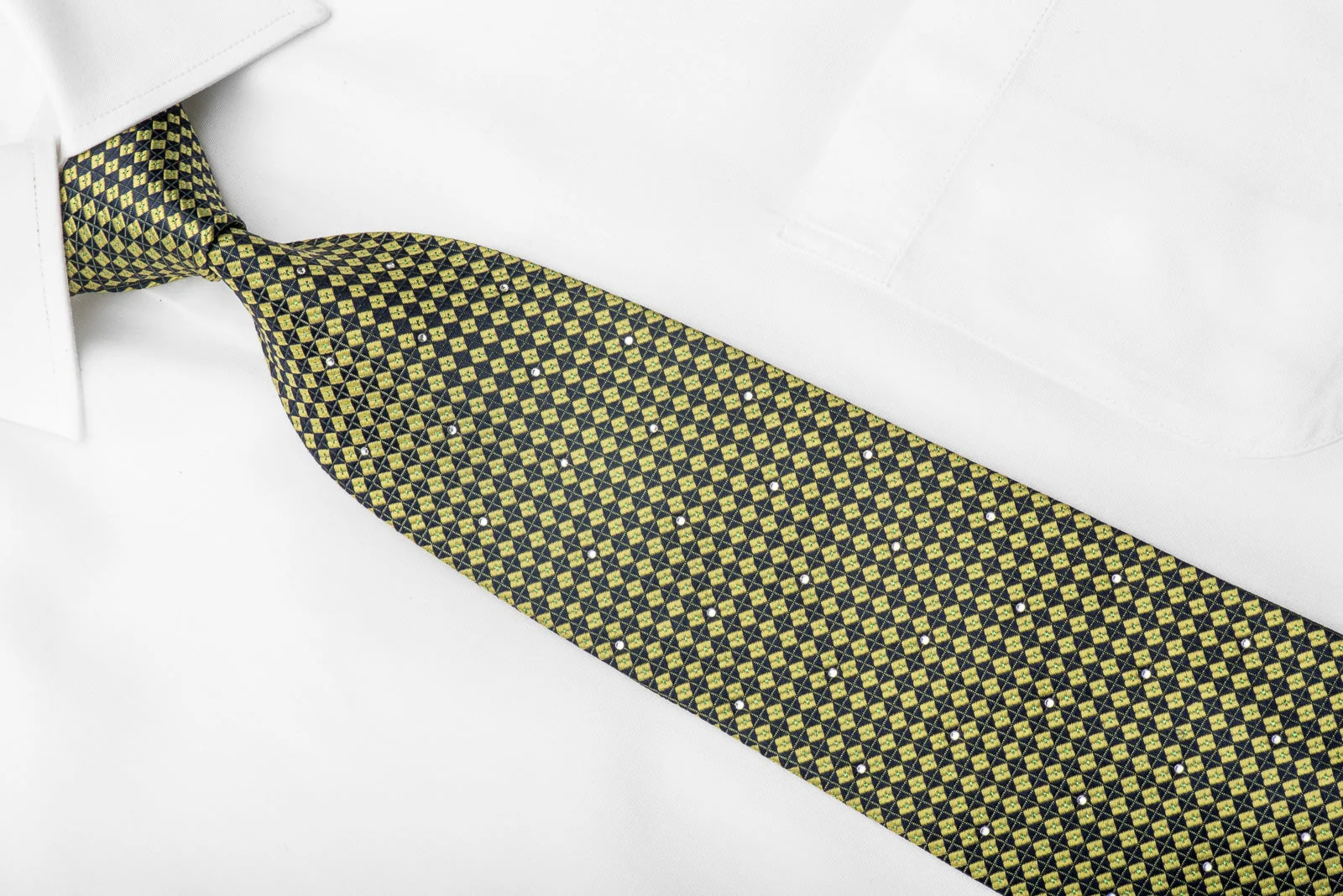 Renoma Men's Crystal Rhinestone Silk Necktie Yellow Navy Checkered With Green Sparkles - Image 4