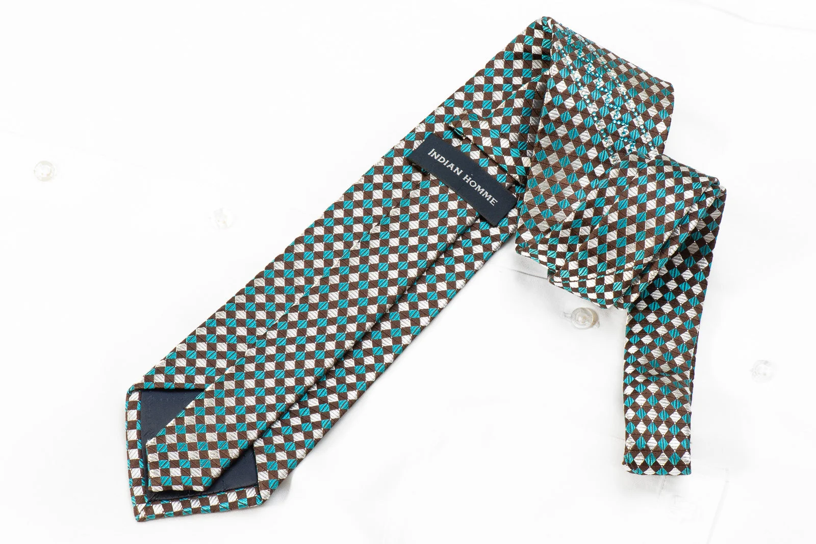 Renoma Men's Crystal Rhinestone Silk Neckties Brown Gold Turquoise Checkered - Image 4