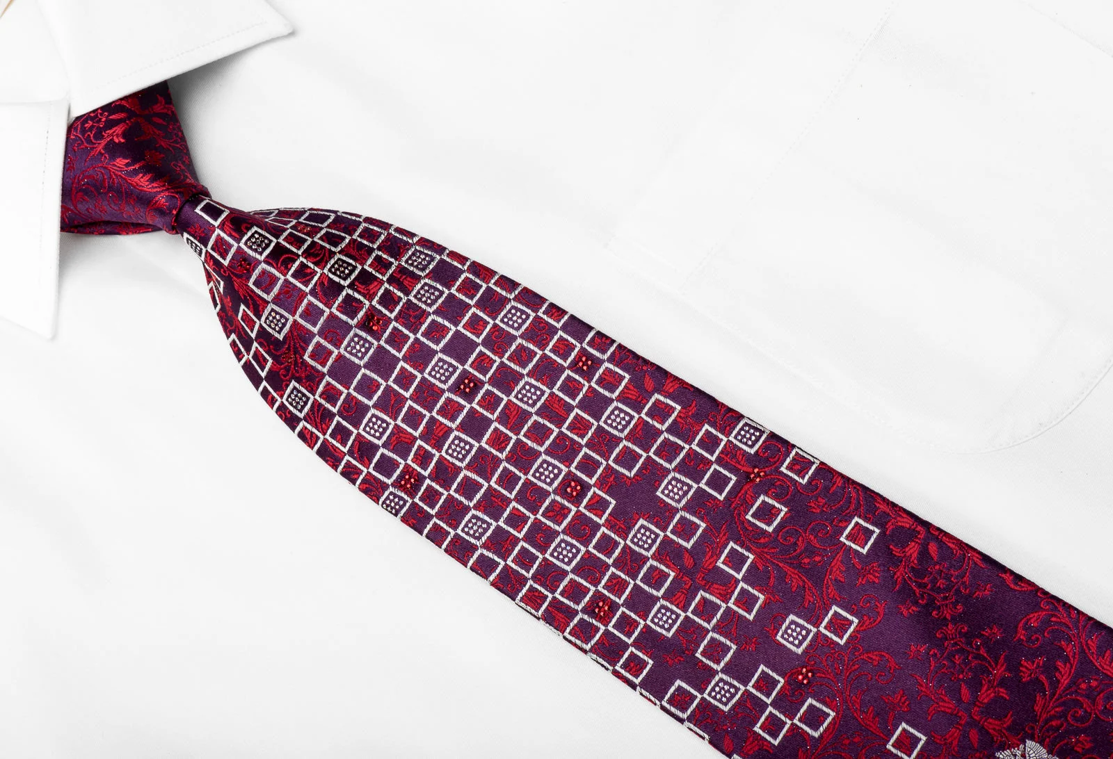Renoma Men's Crystal Rhinestone Silk Tie Red Acanthus Silver Geometric On Purple With Sparkles - Image 2