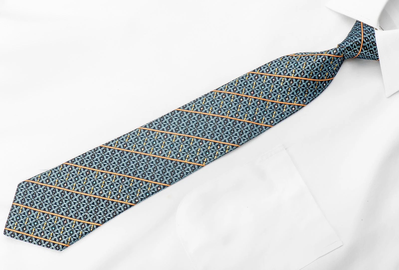 Renoma Men's Crystal Rhinestone Tie Trellis Orange Striped On Blue With Gold Sparkles - Image 2