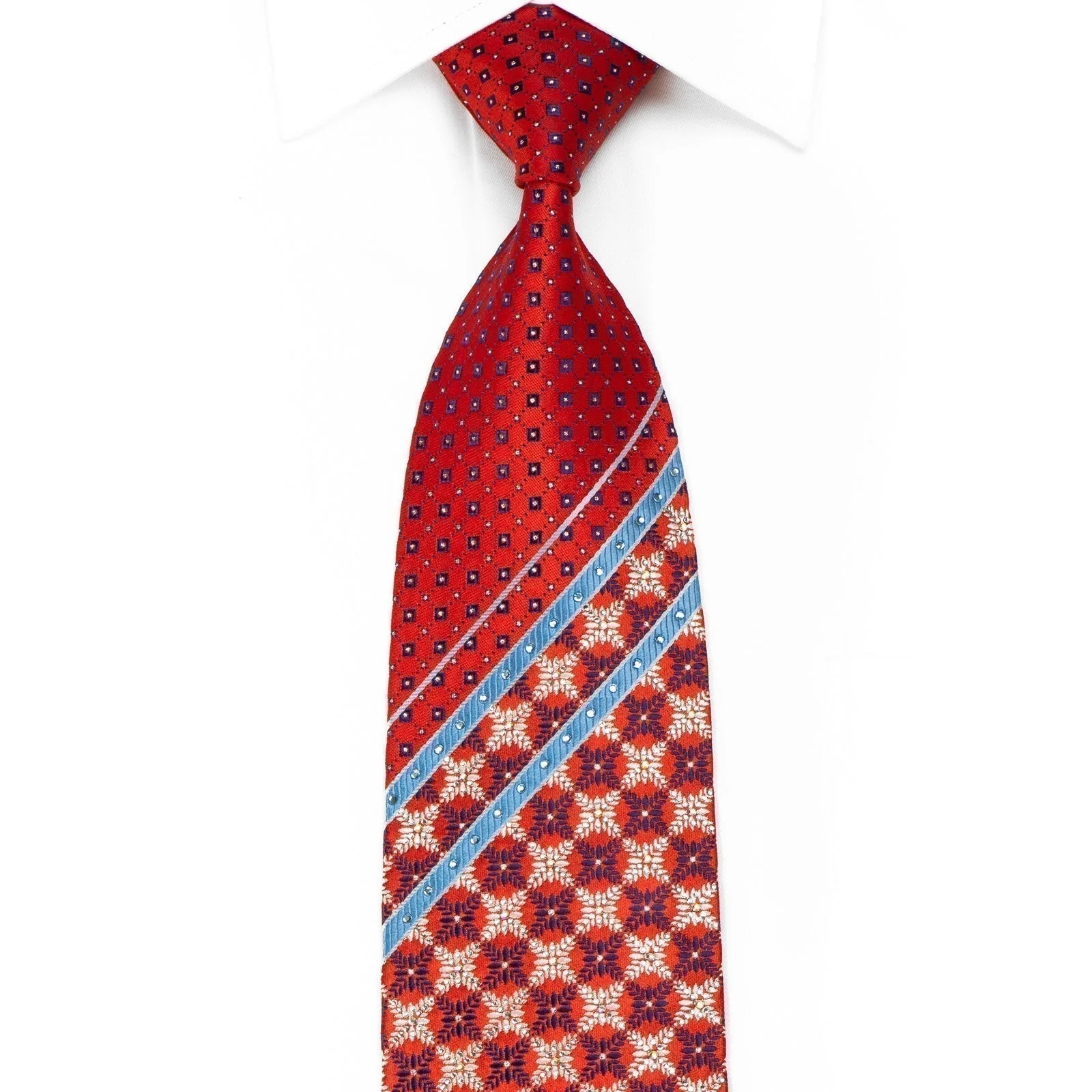 Rhinestone Silk Necktie – Red Multi-Pattern with Silver Sparkle