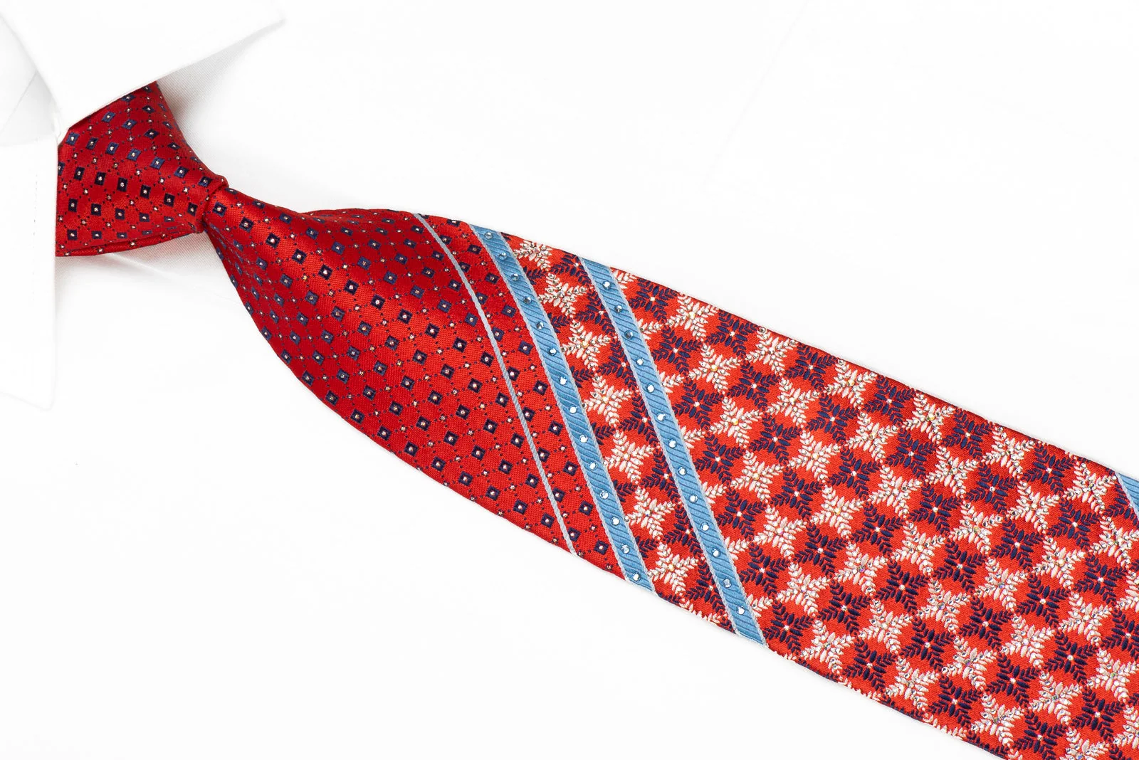 Rhinestone Silk Necktie – Red Multi-Pattern with Silver Sparkle - Image 3