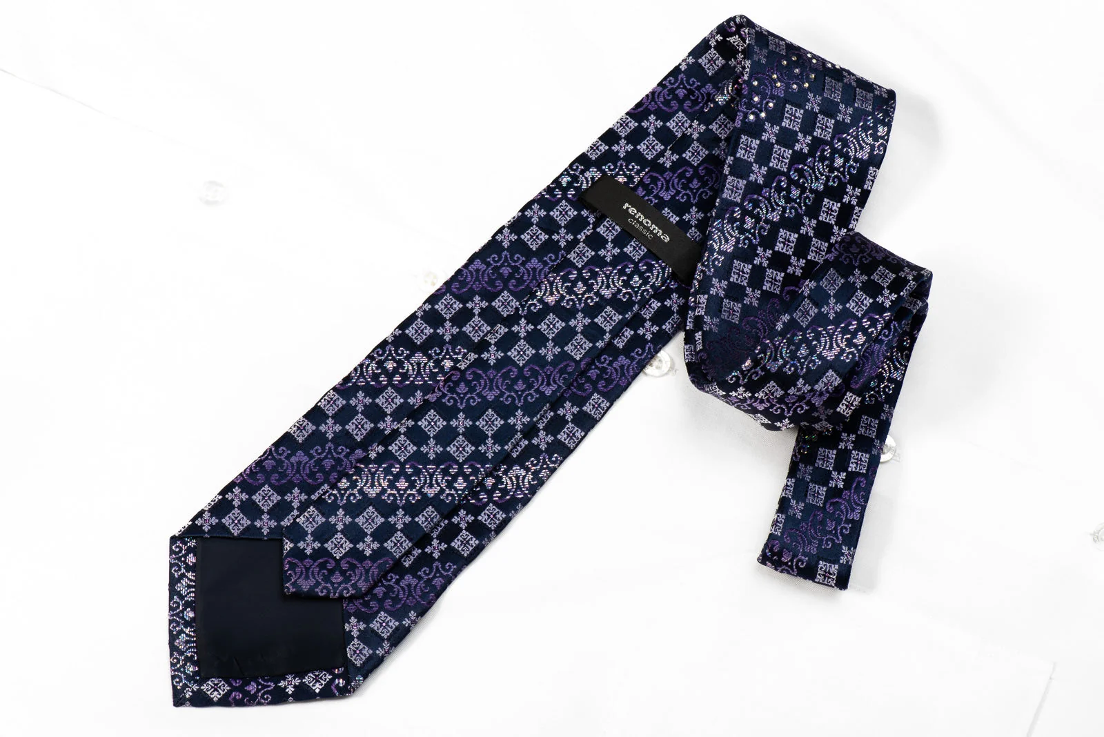 Renoma Men's Crystal Silk Necktie Checker Cartouche On Navy With Silver Sparkles - Image 4